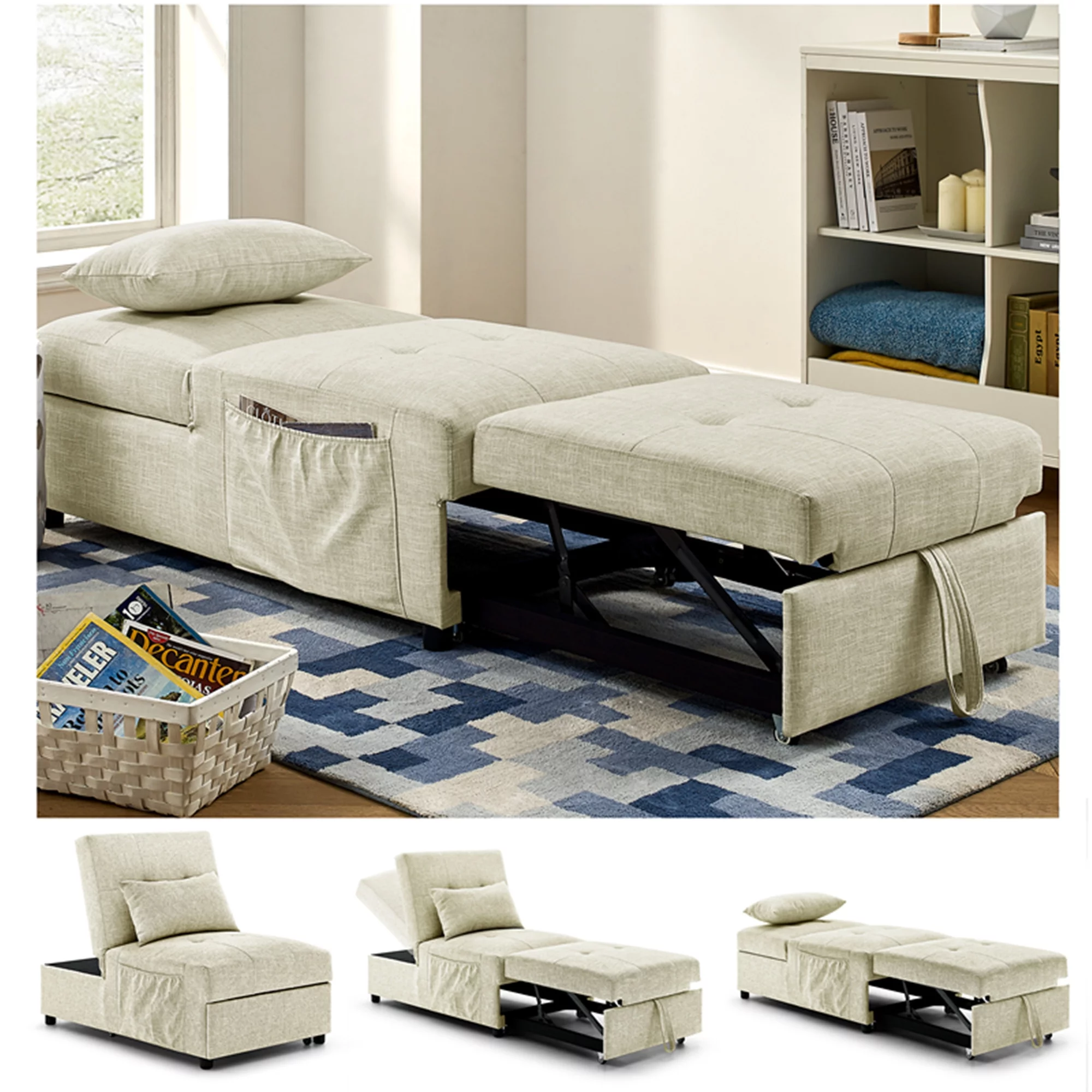 4 in 1 Multi-Function Folding Sofa Bed, Convertible Chair & Ottoman Modern Breathable Linen Guest Bed with Adjustable Sleeper for Small Room Apartment (Beige)