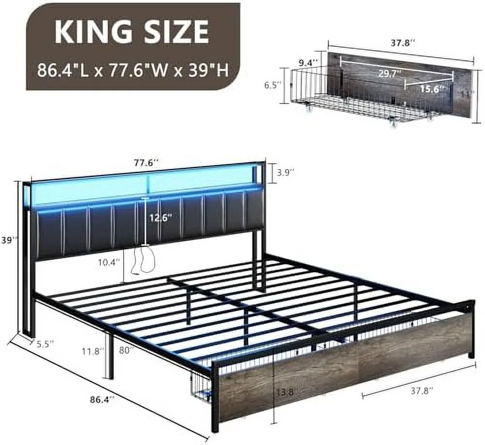 HBBOOMLIFE LED Bed Frame with Drawers  King Platform Bed Frame with 2-Tier  & Leather Upholstered & Charging Station Headboard  No Box Spring Needed  Easy Assembly  Noise Free  Ru