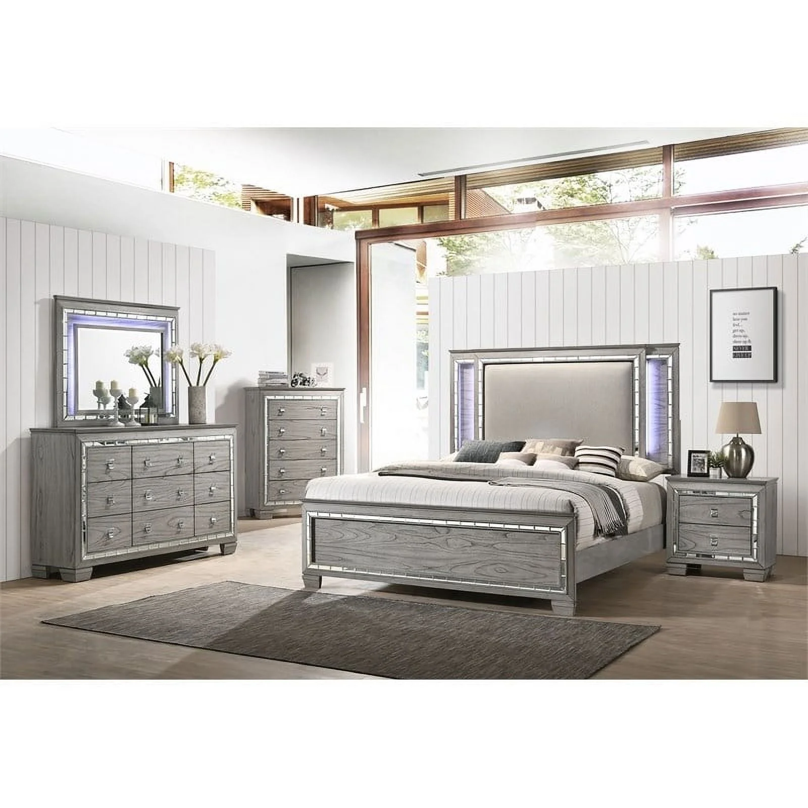 Bowery Hill Contemporary Queen Bed (LED HB) in Fabric and Light Gray Oak
