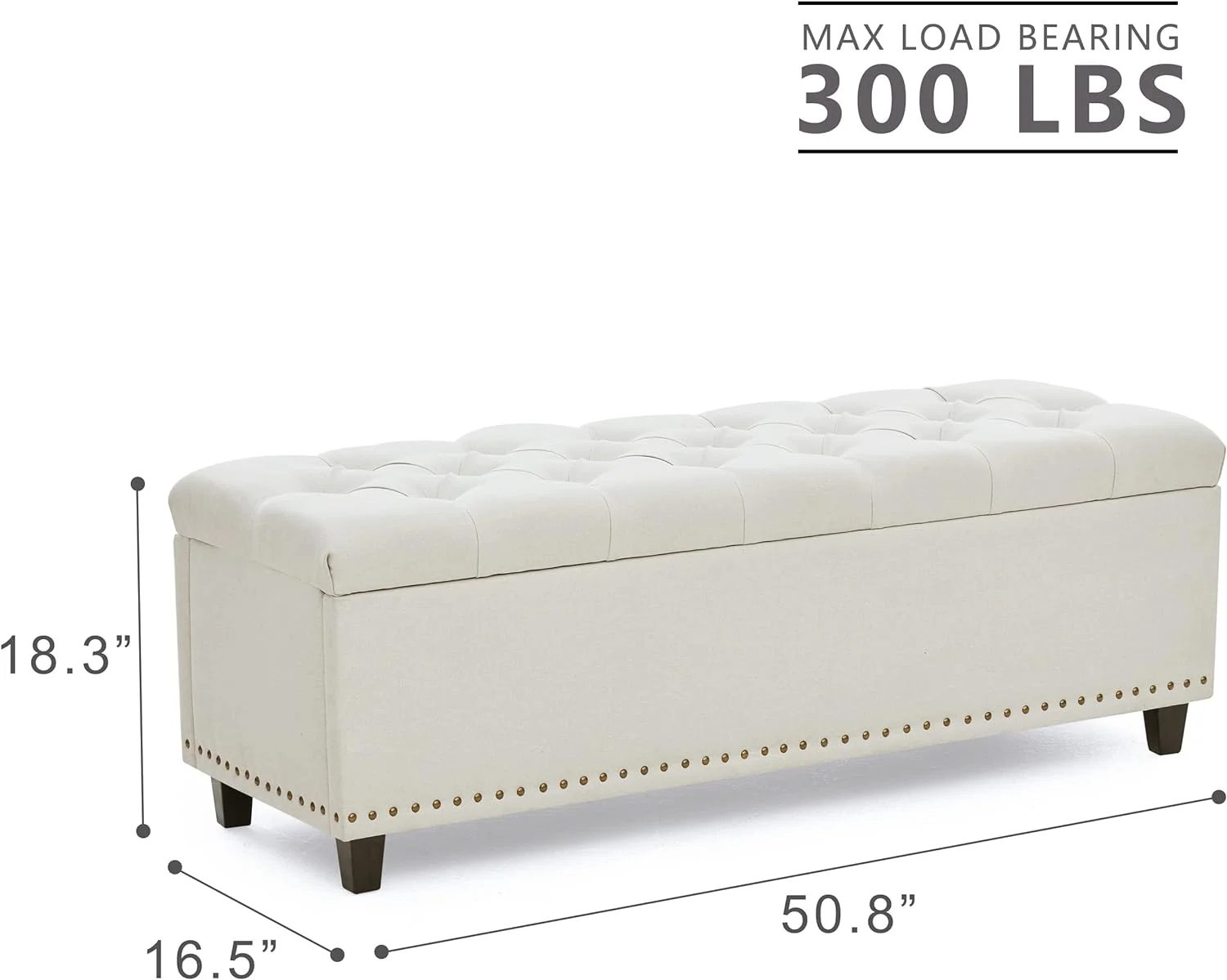 Ottoman with Storage，50.8-inch Storage Bench with Button-Tufted，End of Bed Storage Bench Safety Hinge with Rivets,Large Ottoman Bench for Bedroom, Living Room, Foot of Bed (Beige)
