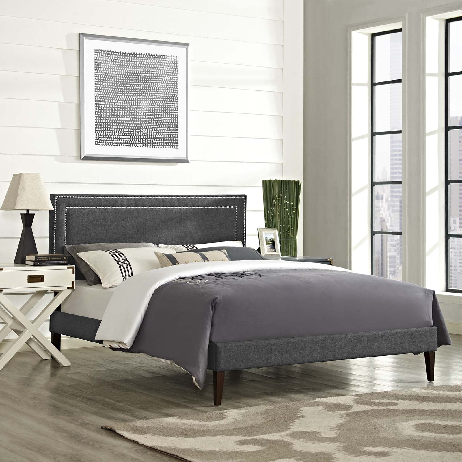Modern Contemporary Urban Design Bedroom Full Size Platform Bed Frame, Fabric, Grey Gray