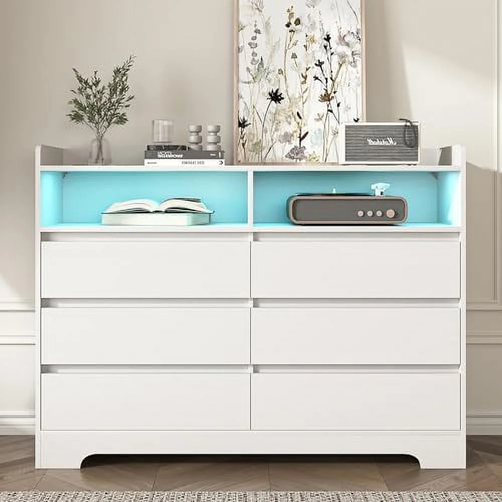 White Dresser for Bedroom  Dresser with LED Lights 6 Drawer Dresser with 2 Cubby Chest of Drawers & Dresser Wood Dresser Dresser Bedroom  Wide TV Stand Dresser for Kid's Room Nurs