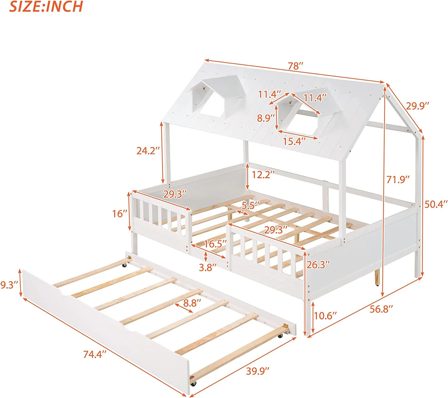 Full Size House Bed With Trundle, Wooden Daybed With Fence And Window, Tent Trundle Bed Frame For Kids, Teens, Girls & Boys, No Box Spring Required (White)