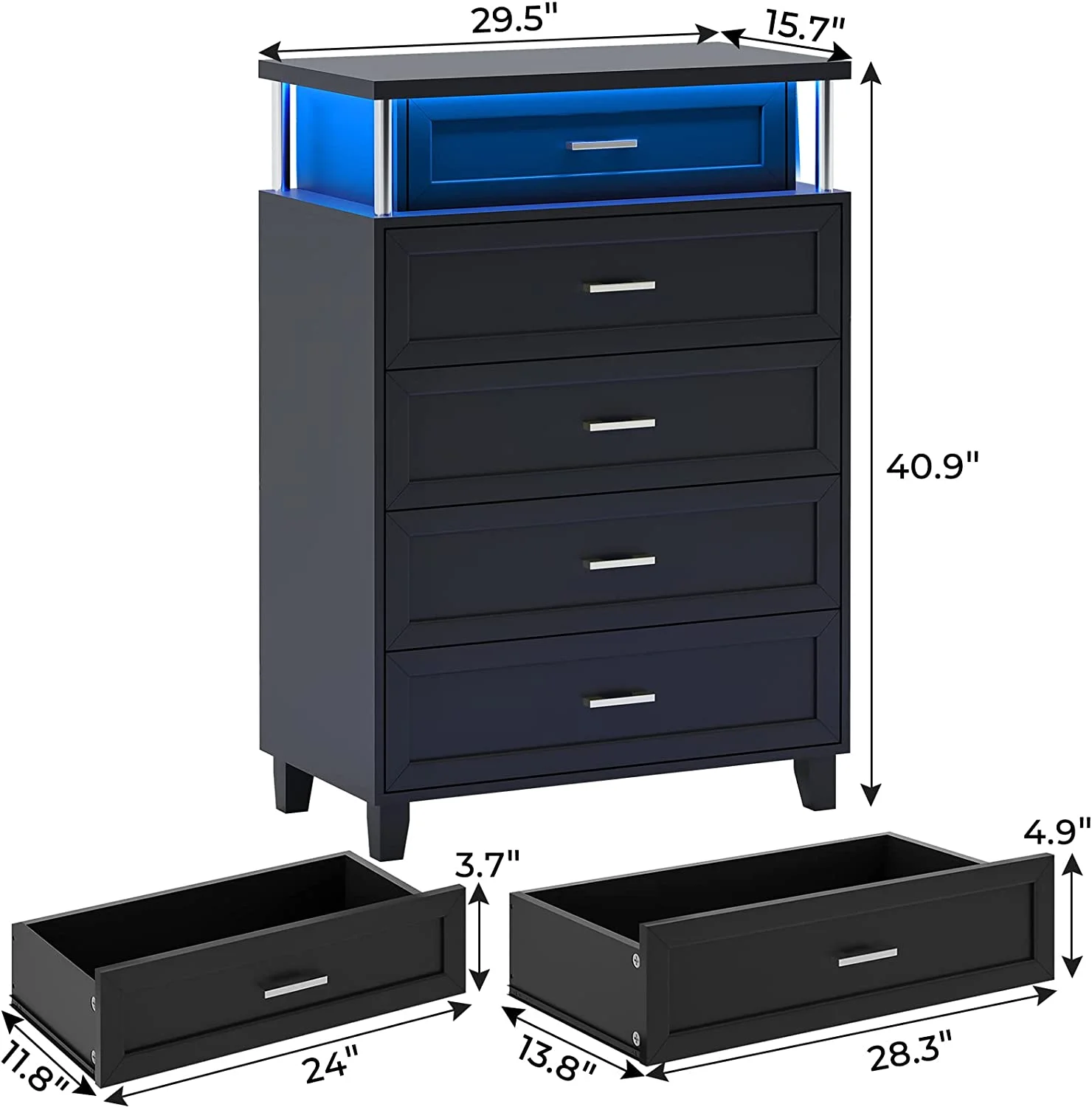 Afuhokles 5 Drawers Dresser with LED Light, Tall Wood Dresser for Bedroom, Large Capacity Storage Cabinet, Black