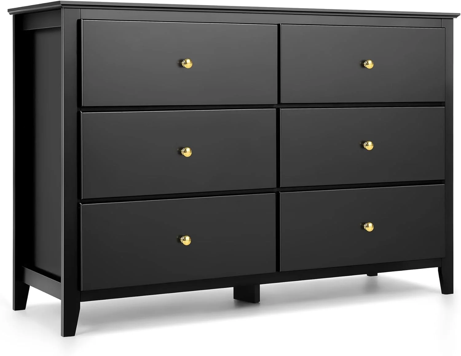 6 Drawer Black Double Dresser, Modern Storage Cabinet with Easy Pull Out Gold Metal Handles for Living Room, Chest of Drawers Wood Organizer Nightstand for Bedroom