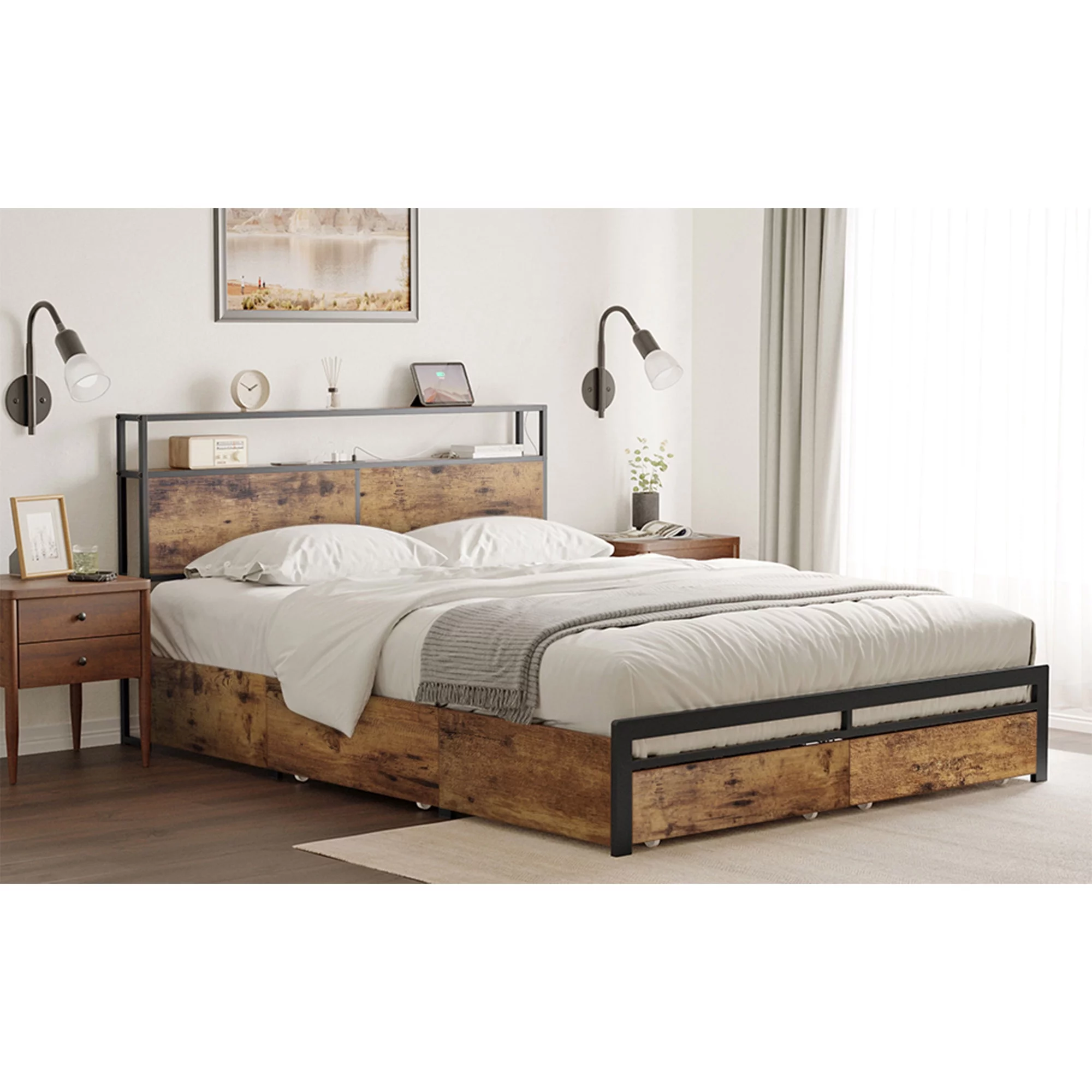 HAUSOURCE Queen Platform Bed Frame w/ Headboard, Drawers & Outlets, Brown