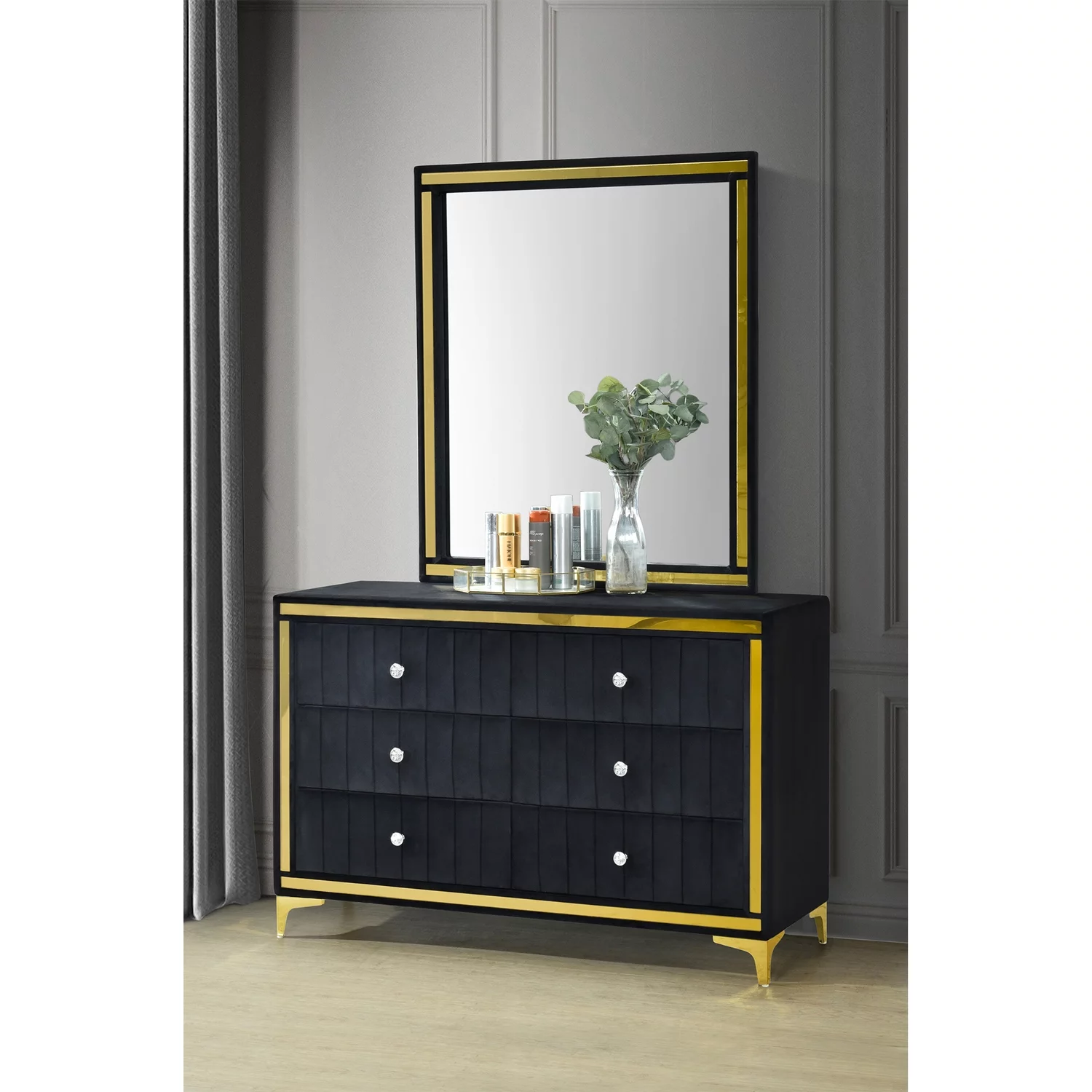Better Home Products Velvet 6 Drawer Dresser with Gold Legs and Trim