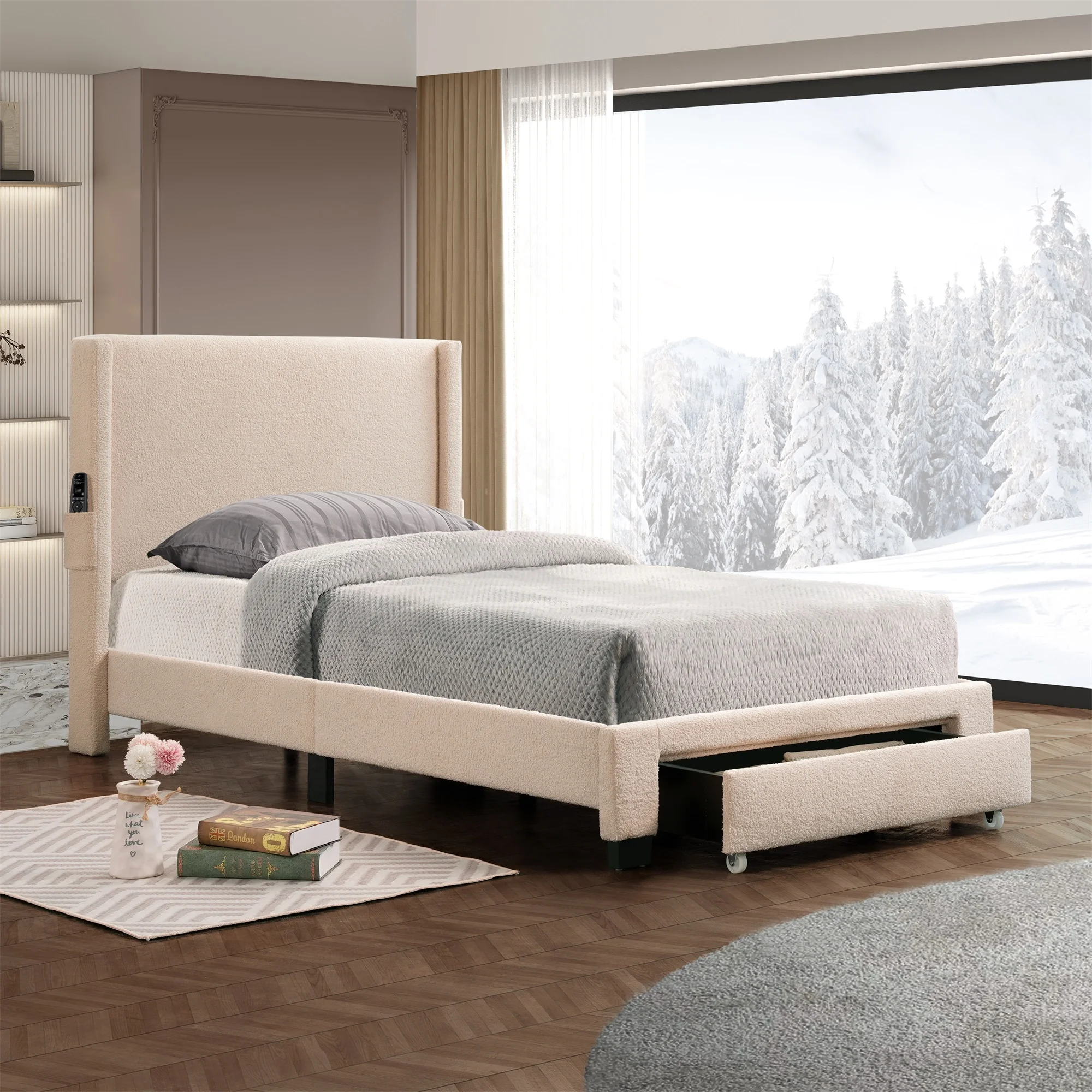 Ufurpie Twin Size Boucle Fabric Platform Bed With Big Storage Drawer&Pockets,Upholstered Bed Frame,No Box Spring Required,Beige