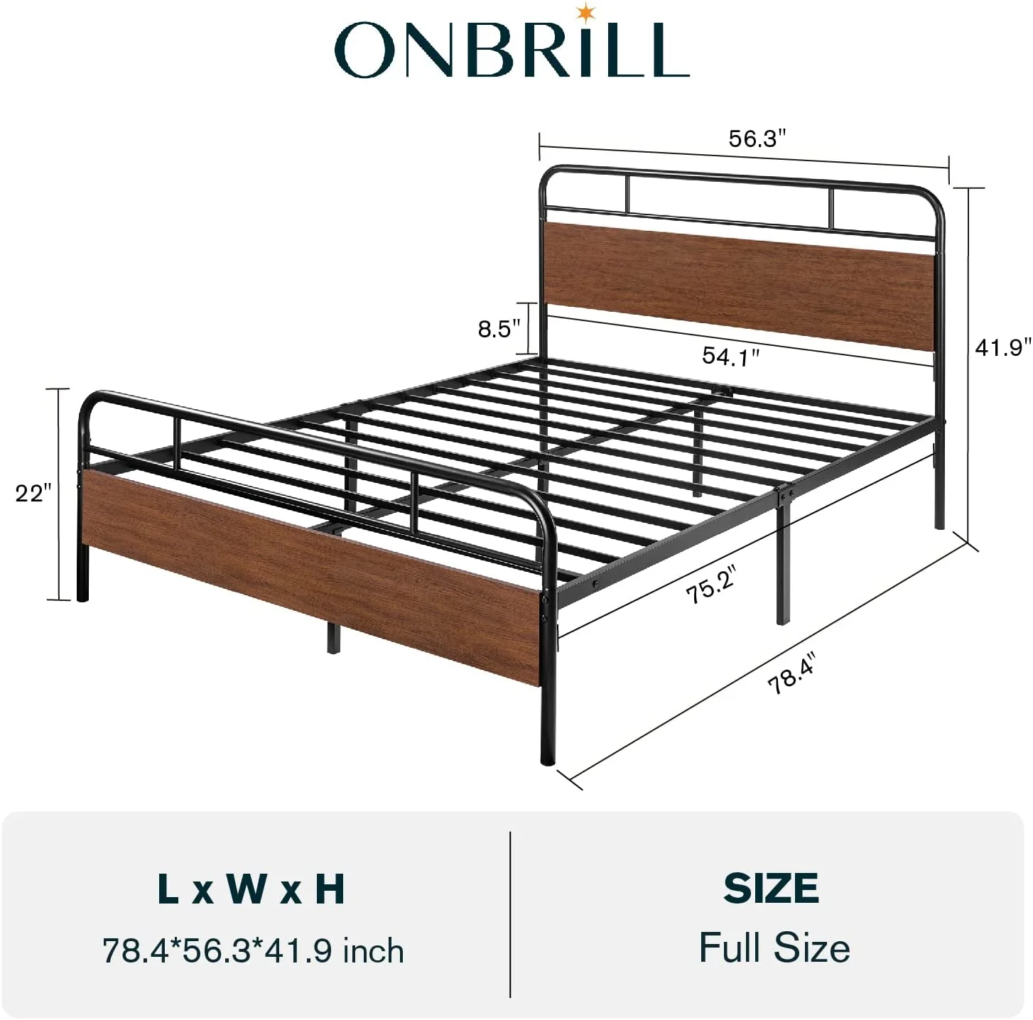 Queen Size Metal Bed Frame with Curved Wooden Headboard and Footboard  Mattress Foundation Platform Bed Frame with Under Bed Storage  No Box Spring Needed  Modern  Walnut