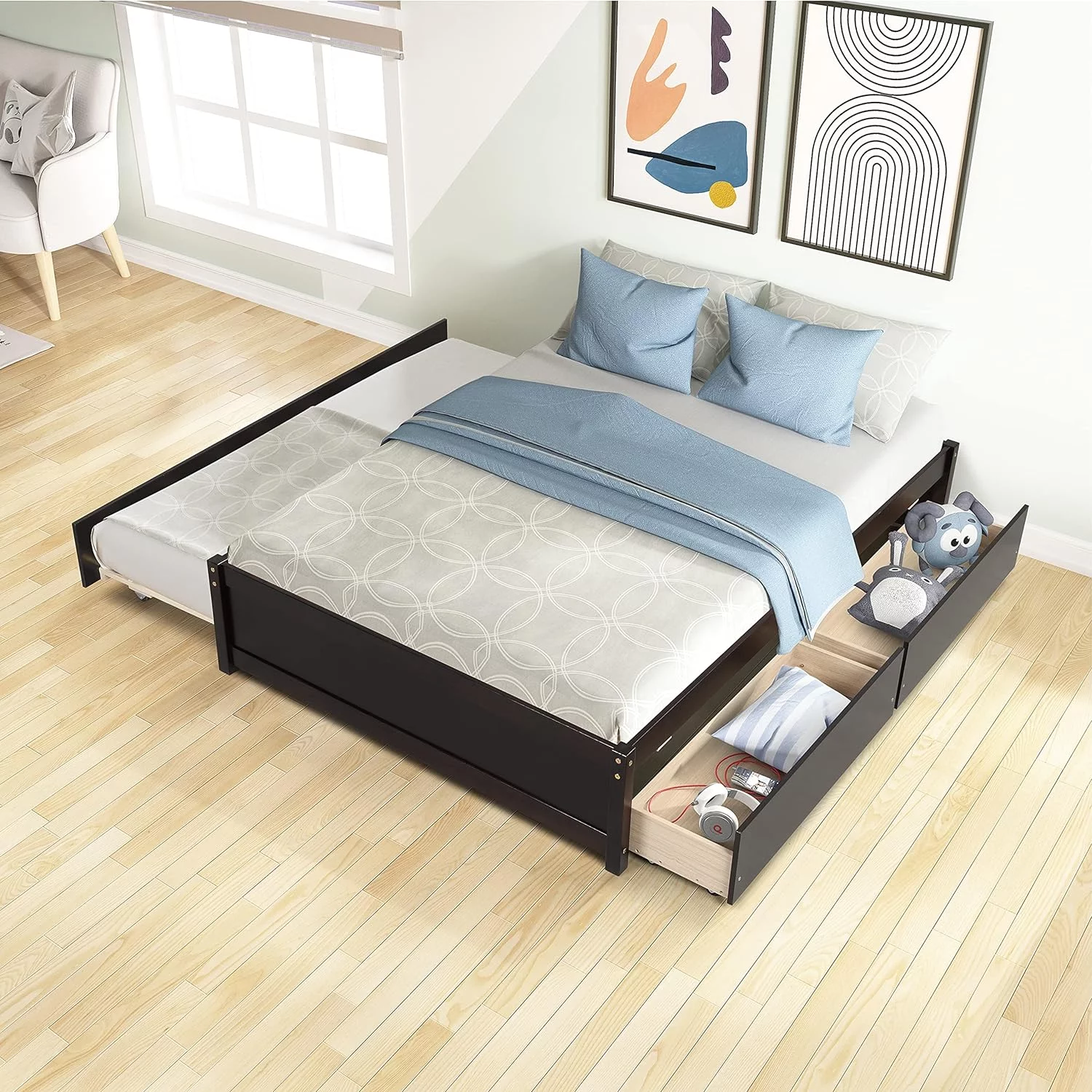 Storage Platform Bed, Full Size Wooden Platform Bed With Size Trundle And Two Storage Drawers, Espresso