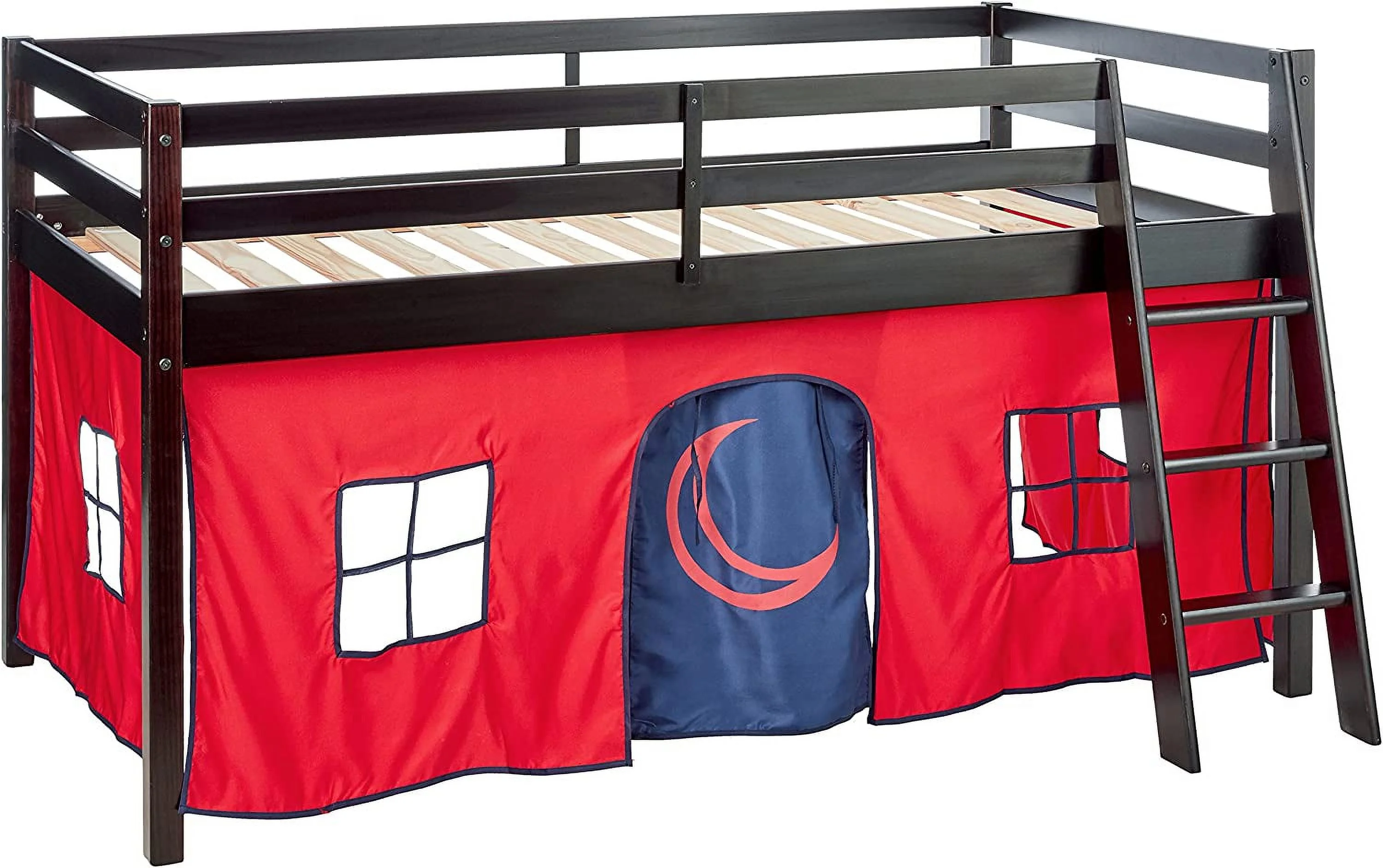 Wood Juior Lof Bed Wih Espresso Fiish & Red & Blue Boom e, Kids Furiure, Ideal For Small Bedrooms, Maress Ready, Sorage Beeah, Simple Assembly Required