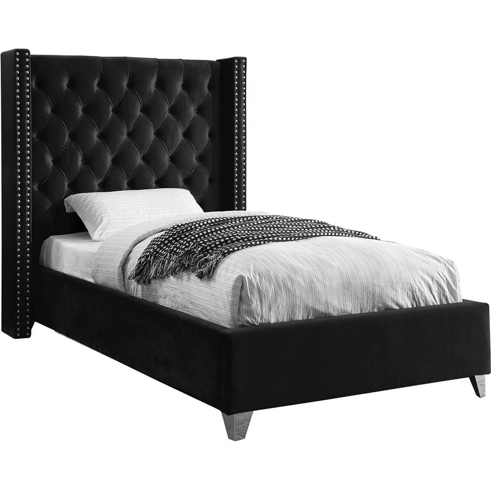 Home Square 2-Piece Set with Velvet Wing Back Twin Bed and Ottoman in Black