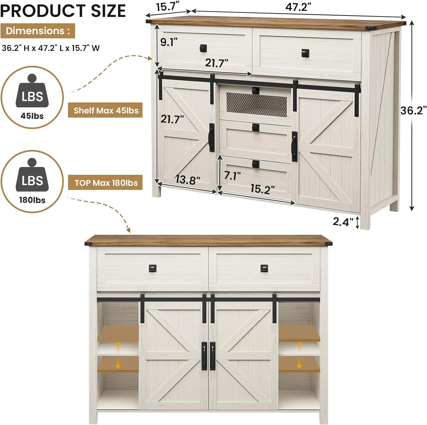 Afuhokles Dressers for Bedroom with 5 Drawers and Sliding Barn Doors, Farmhouse Wood Large Capacity Chest of Drawers
