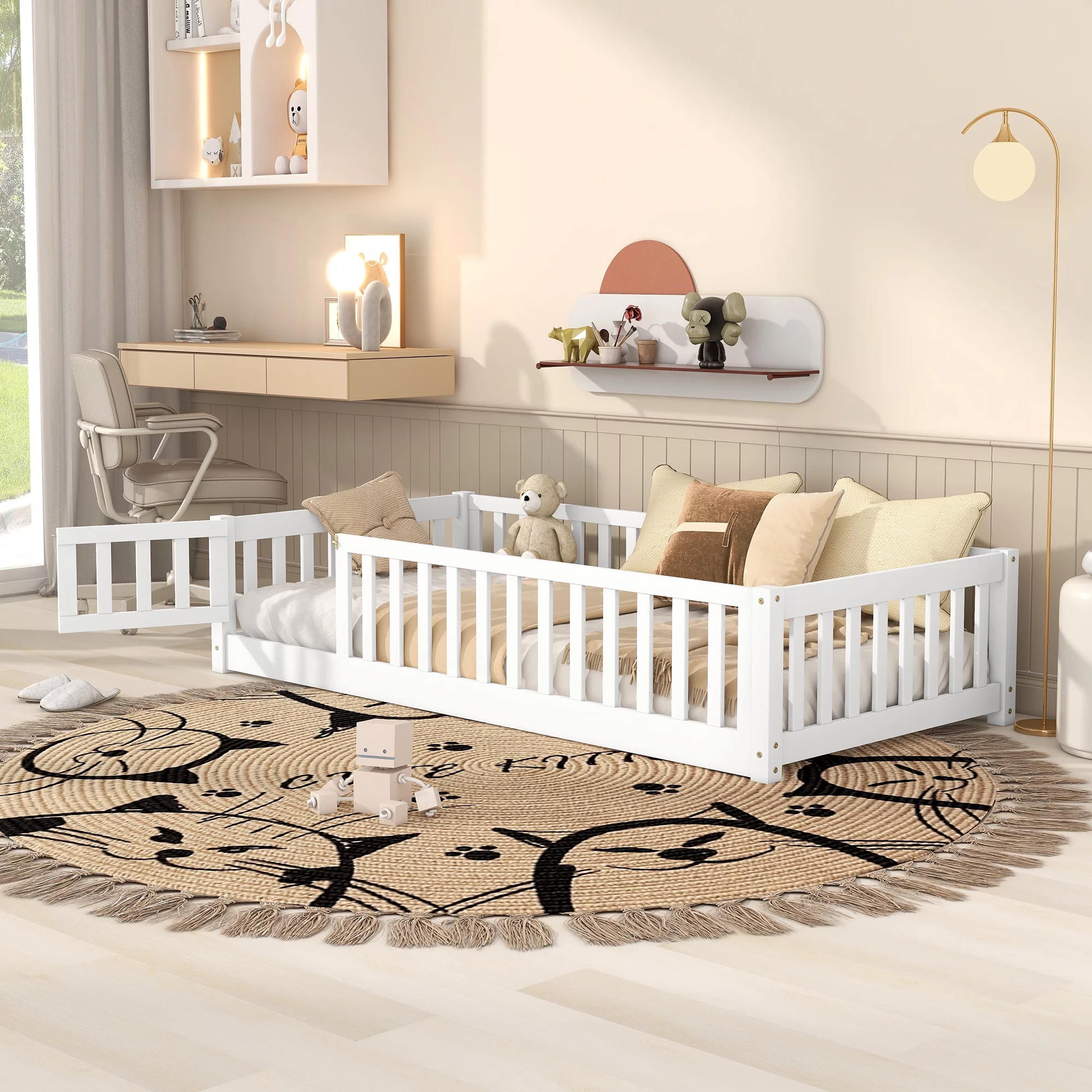 Twin Floor Bed for Kids, Solid Wood Montessori Bed Frame Fence & Door, Toddler Twin Size Bed with Wood Slats, No Box Spring Needed (Twin,White)