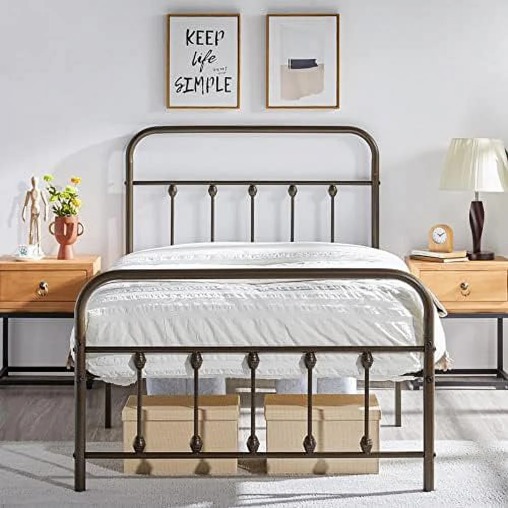 TJUNBOLIFE 2Pcs Twin XL Size Metal Platform Bed Frame with Victorian Style Iron-Art Headboard/Footboard/Under Bed  No Box Spring Needed Antique Gold