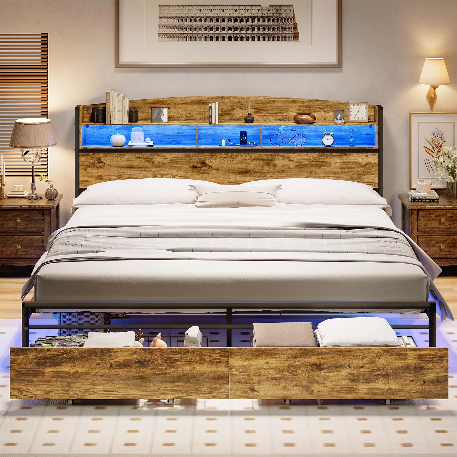 AOGLLATI King Size Storage Bed Frame with LED Light and USB-C/A Charging Station, Metal Platform Bed with Drawers and Headboard,Quiet Foundation,Brown
