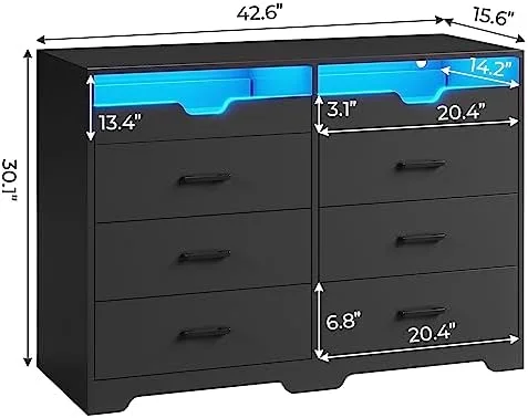 KHBIULIFE Dresser with LED Lights for Bedroom  Double Dresser with 6 Drawers and Pull-Out Tray  White Chest of Drawers Bedroom  Organizer  Dimensions 15.6" D x 42.6" W x 30.1"
