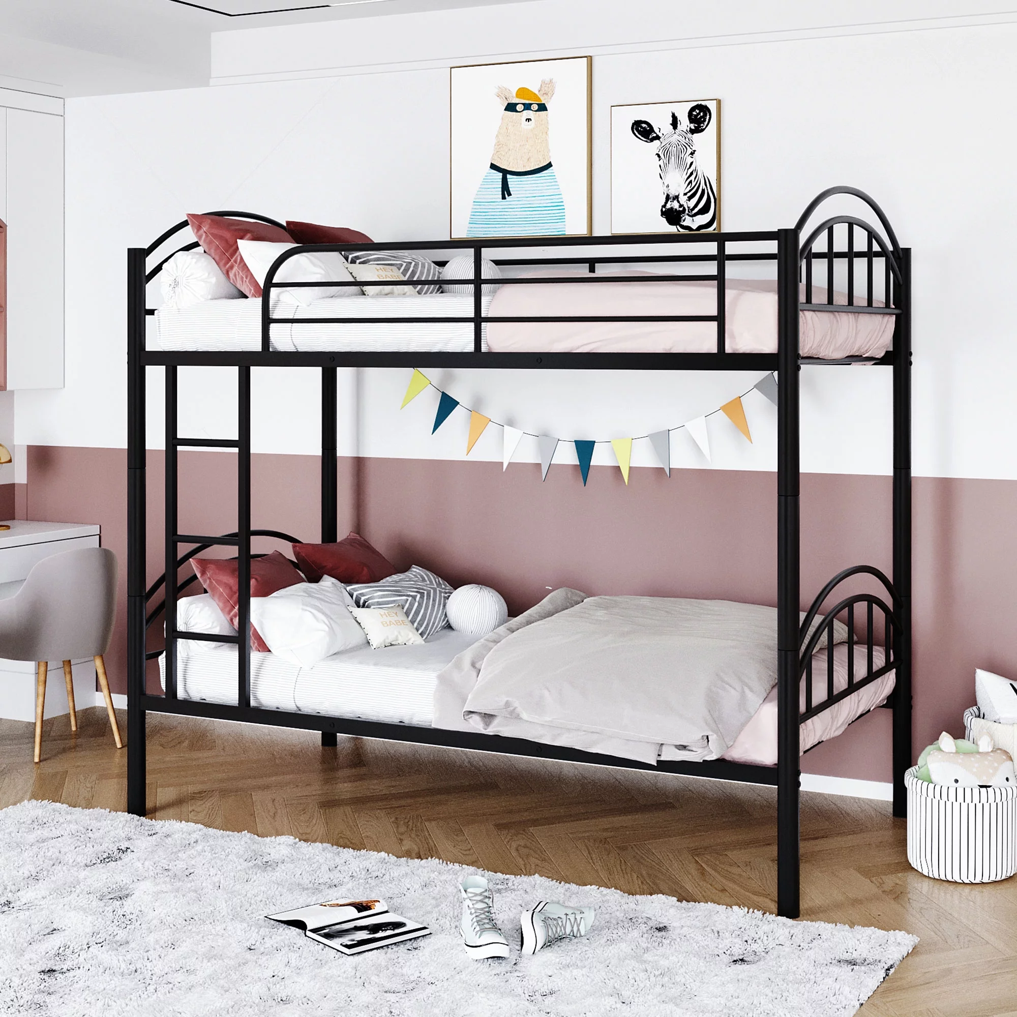 Twin Over Twin Metal Bunk Bed, Metal Bunk Bed with Ladders and Safety Guard Rails, Sturdy Modern Bed Frame, Ideal for Kids, Teens Bedroom, Guest Room, Divided into Two Beds