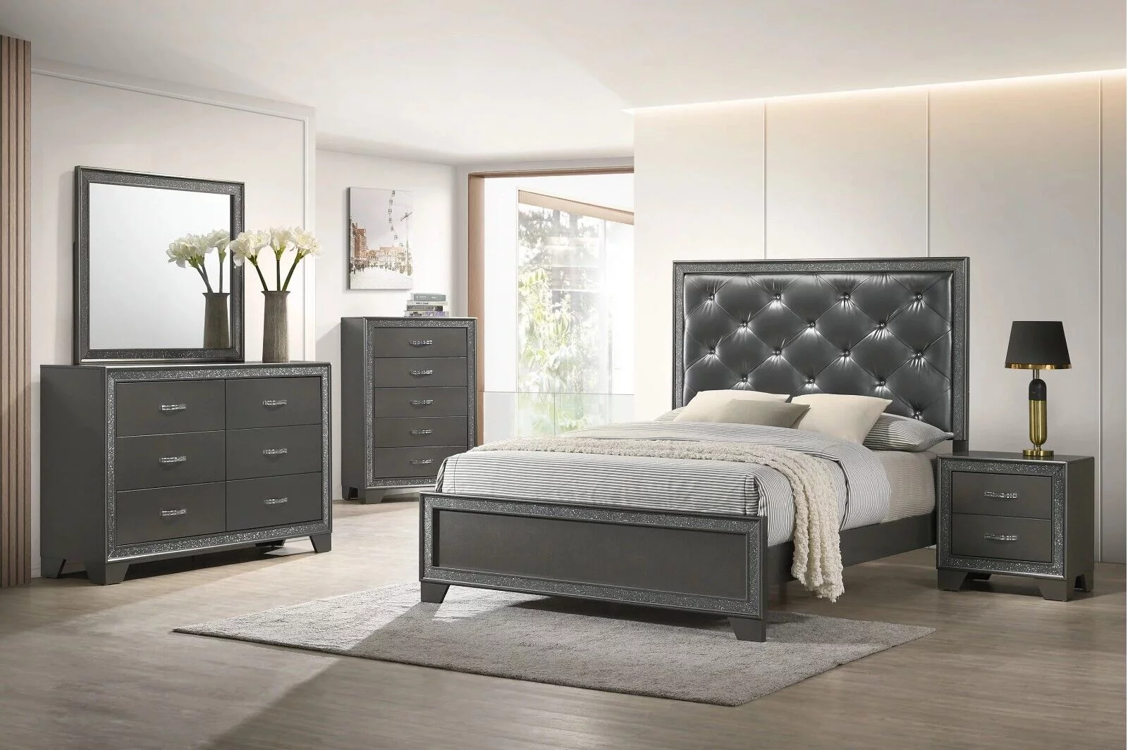 6pc Modern Glam Queen Size Panel Bed Set Button-Tufted Headboard Dark Gray Finish Bedroom Furniture