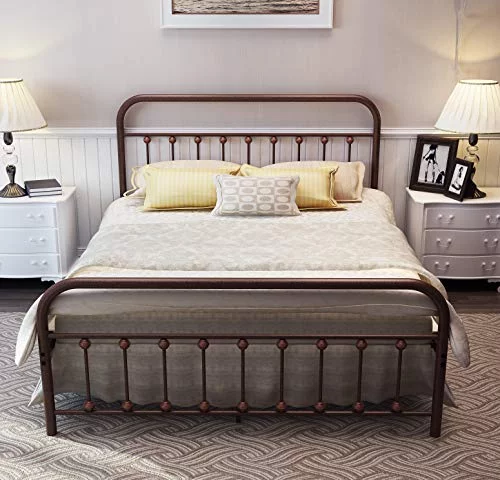 TEMMER Metal Bed Frame Queen Size with Headboard and Footboard Single Platform Mattress Base,Metal Tube and Antique Brown Baking Paint Iron-Art Bed (Queen, Antique Brown)