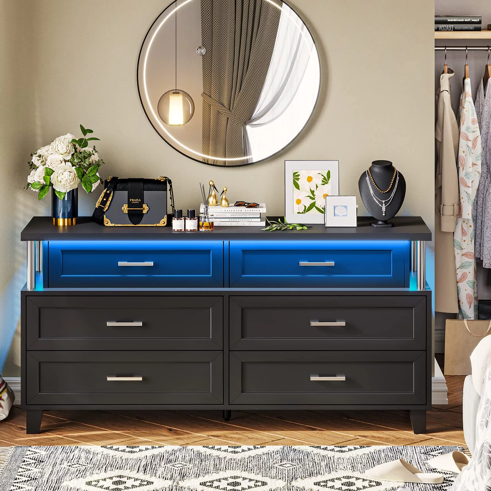 Dresser for Bedroom, 6 Drawer Dresser with LED Light, Black Finish