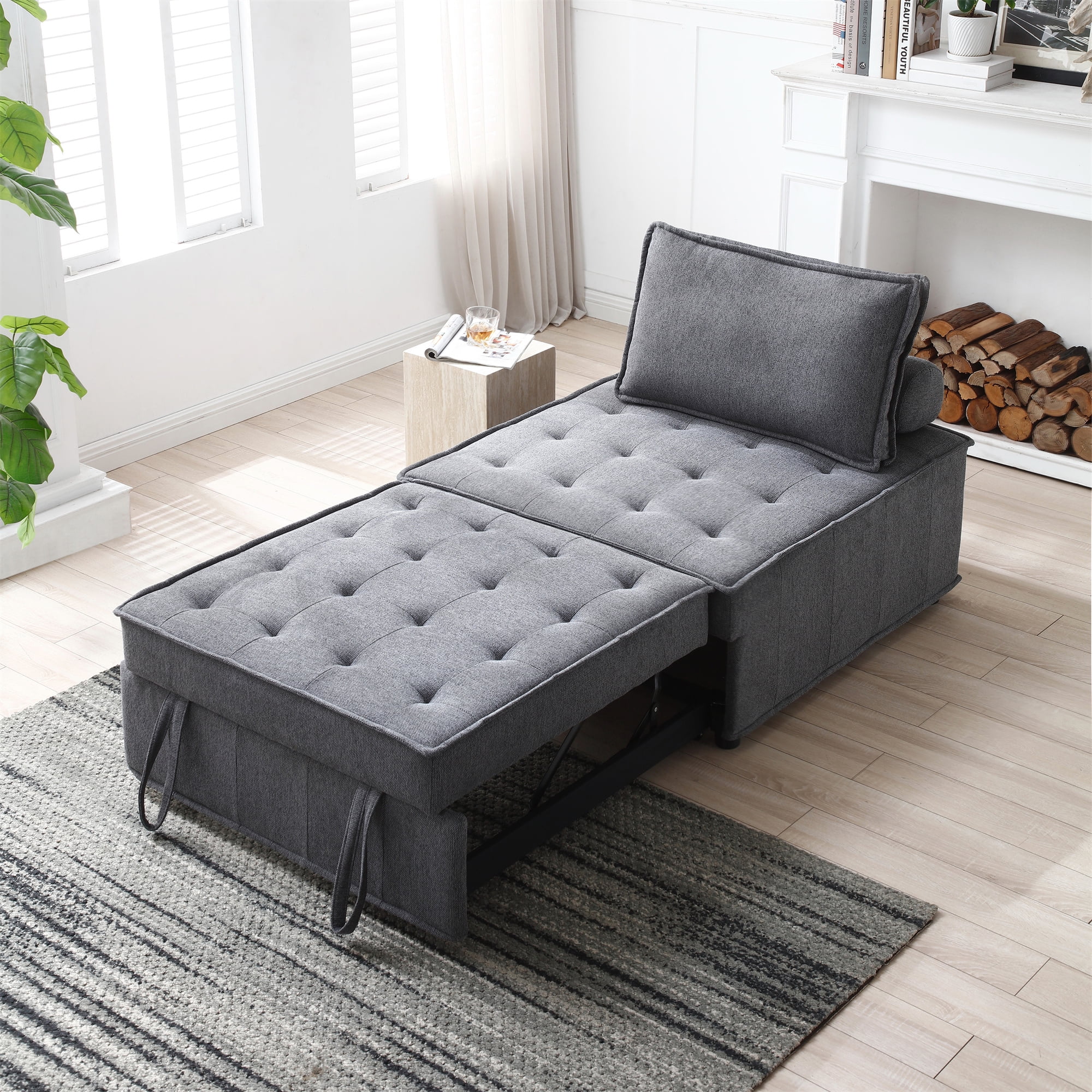 Gexpusm Pull Out Lazy Ottoman Sofa Bed with Removable Backrest, Small Linen Fabric Convertible Sleeper Sofa for Living Room Apartment, Dark Grey