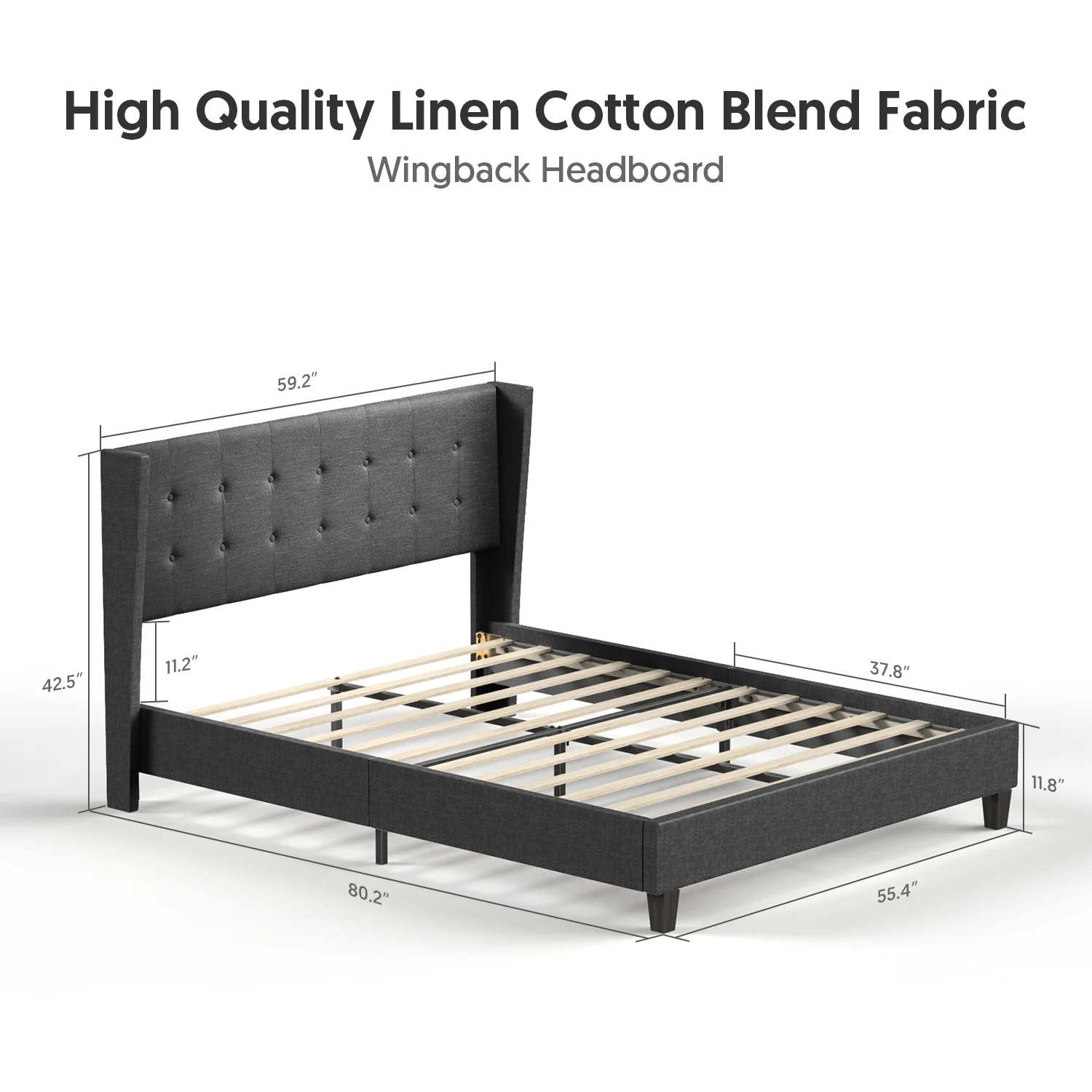 Bed Frame Upholstered Traditional Low Profile Platform with Wing Back Headboard/No Box Spring Needed/No Bed Skirt Needed/Linen Fabric Upholstery, Dark Grey Full Size