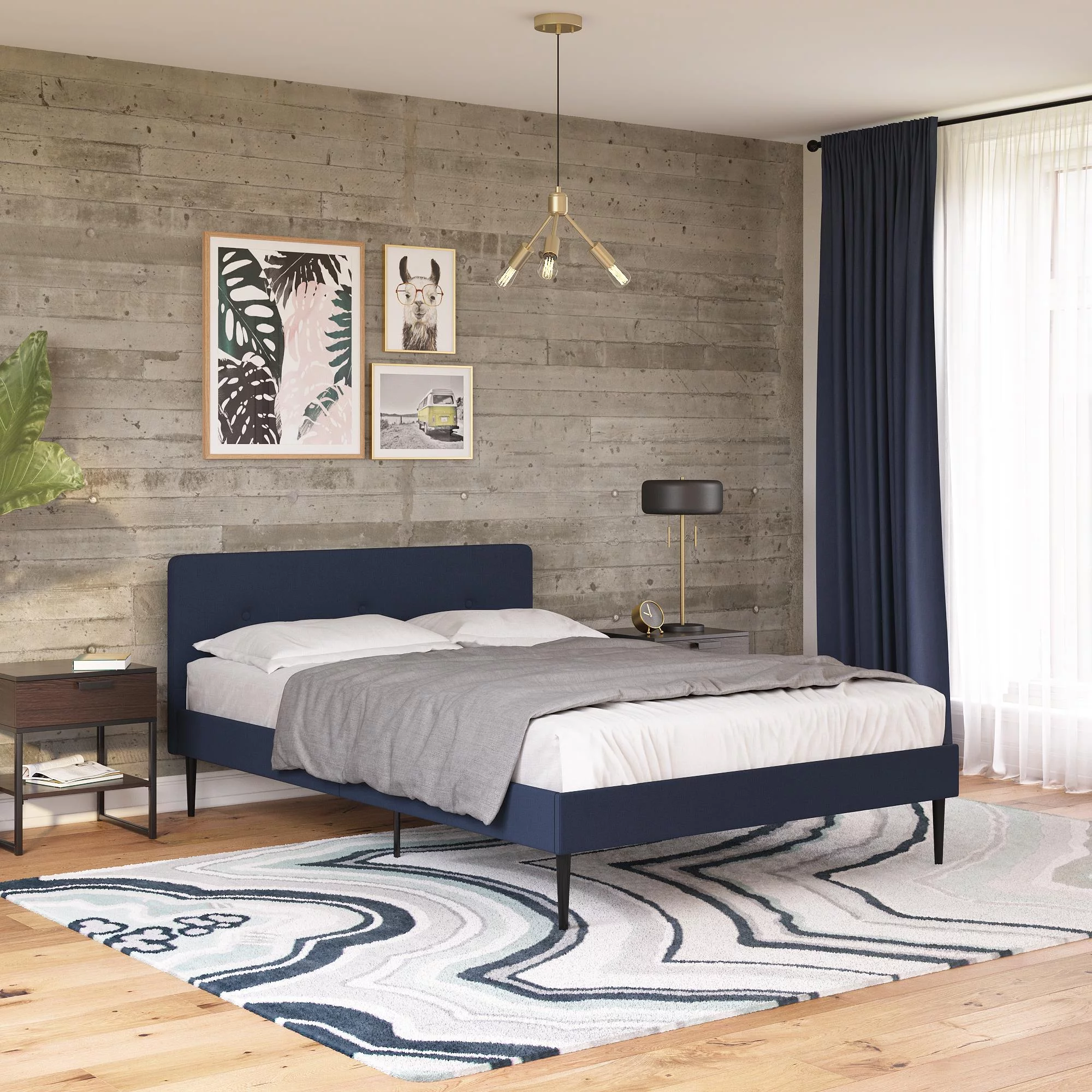 Novogratz Freddy Upholstered Bed, Queen Size Frame, Blue Linen