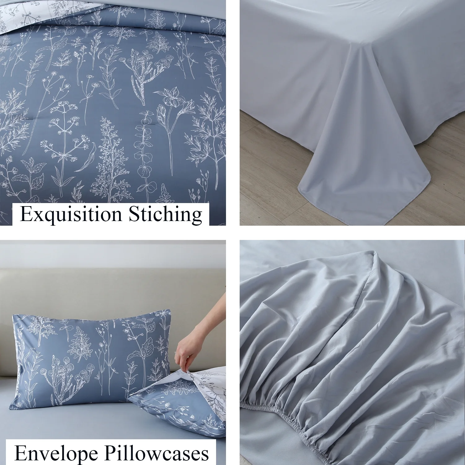 URBONUR Grey Flower King Size Comforter Sets 5 Pcs Print Floral Bed in A Bag King Plant Botanical Bedding Soft Reversible Comforter with Sheets