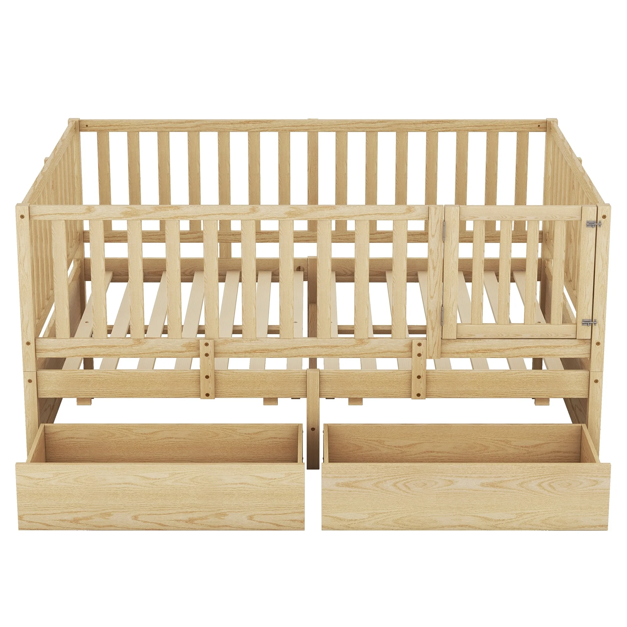 Full Size Wood Daybed with Fence Guardrails and 2 Drawers Natural