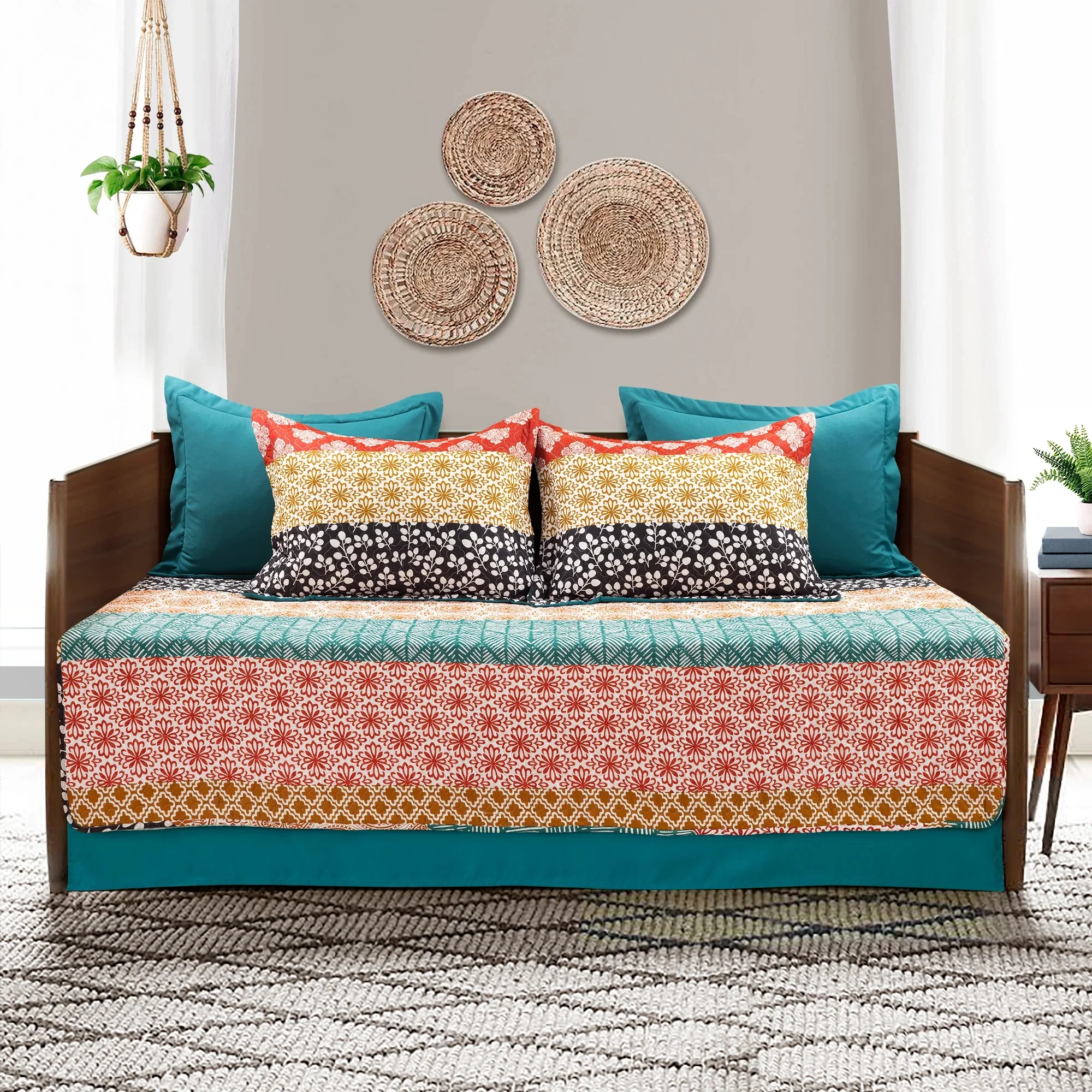 Lush Decor Bohemian Stripe Quilted Cotton Daybed Cover Turquoise/Orange - 6 Piece Set