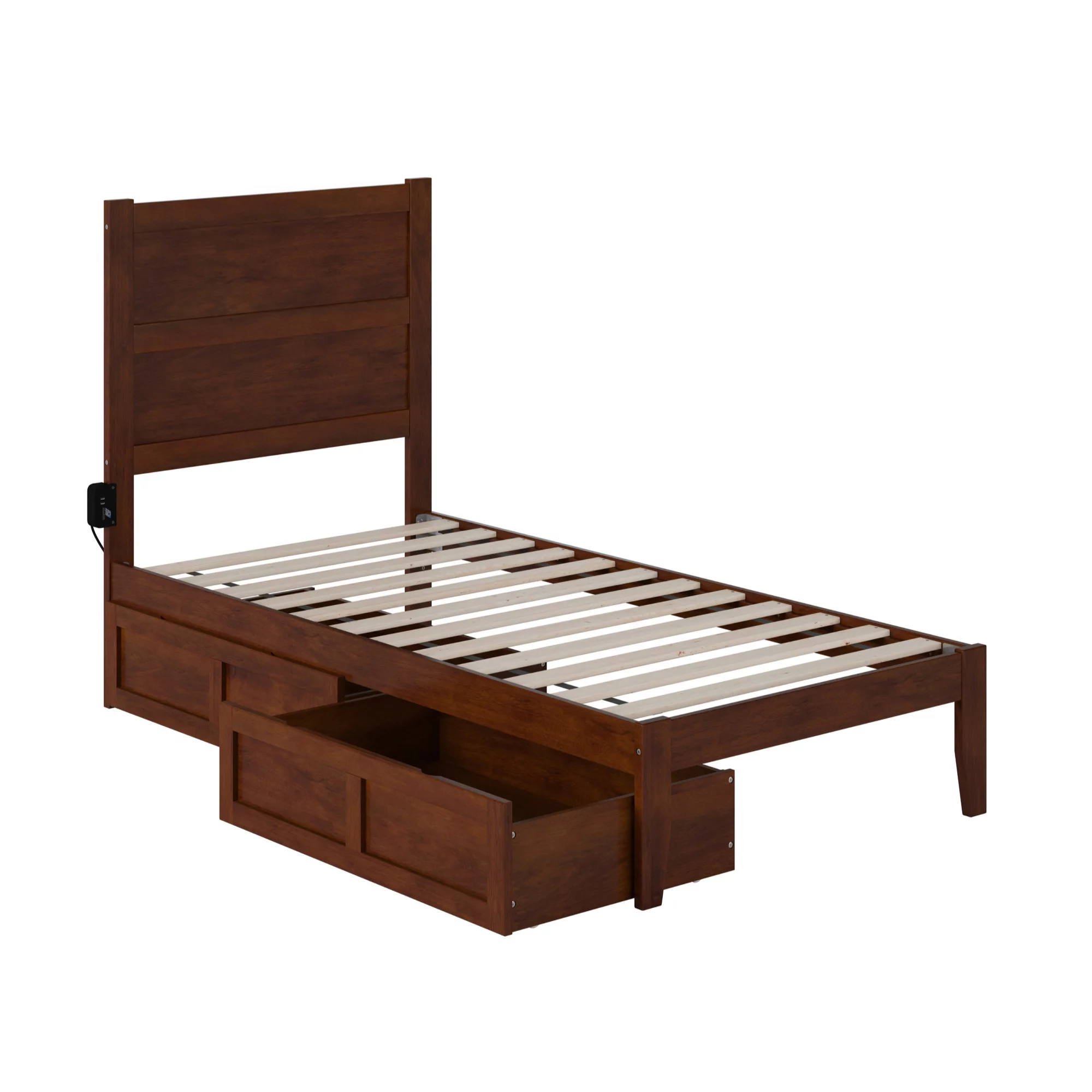 AFI NoHo Modern Solid Wood Twin Bed with 2 Storage Drawers in Walnut