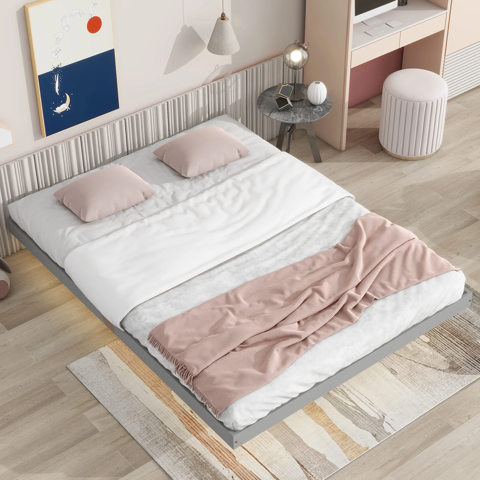 Grey Queen Size Floating Platform Bed with LED Underglow - Contemporary Low-Profile Design