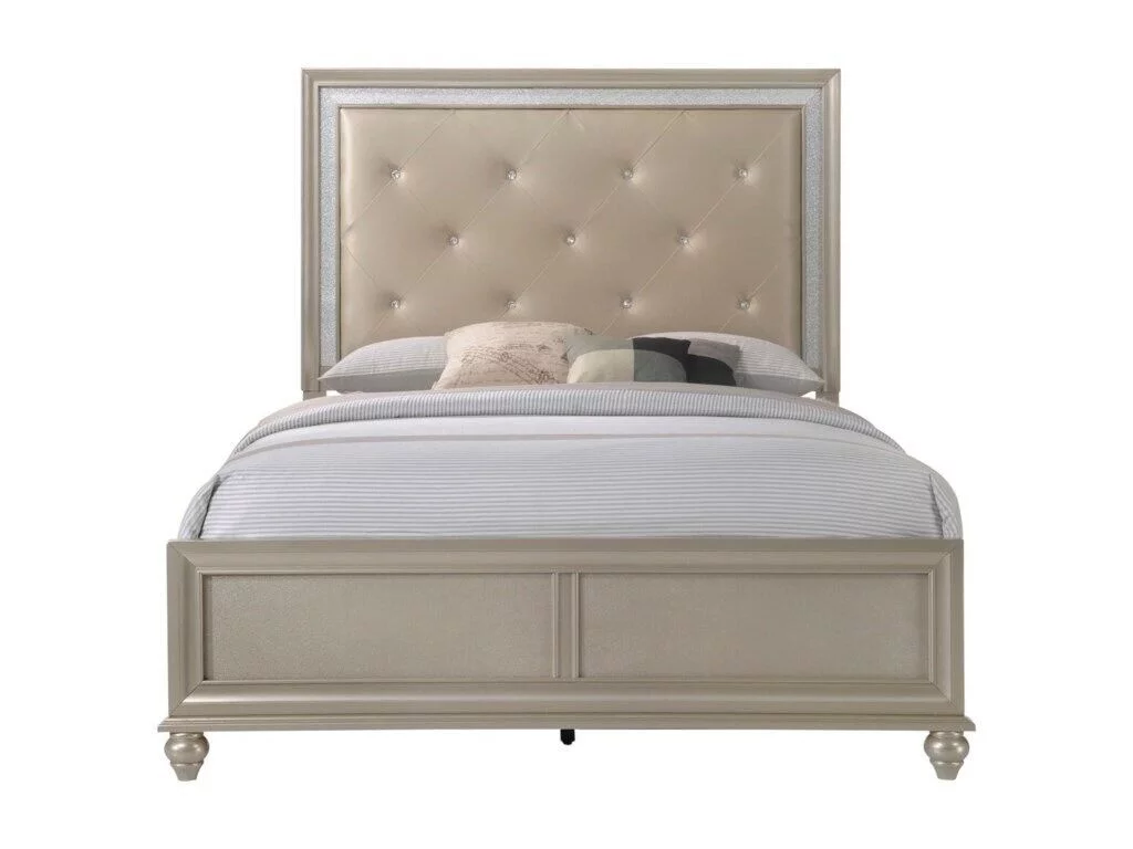 Modern Champagne Faux Diamond Button Tufted HB Finish 6pc Full Size Bedroom Set Bed Dresser Mirror Nightstand Chest