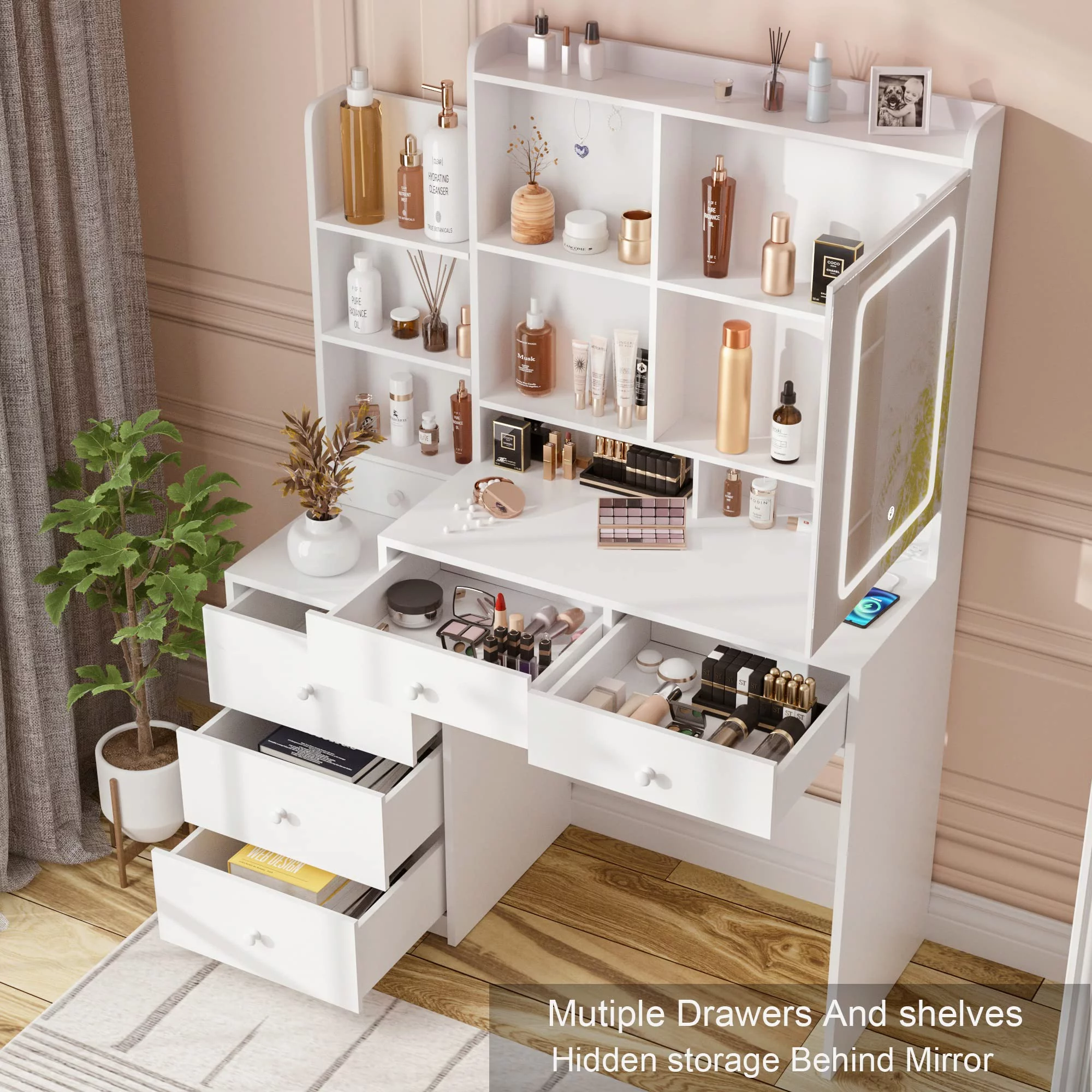 Veanerwood Vanity Table with Mirror and Lights, Modern Makeup Vanity Desk with Drawers and Power Strip, Bedroom Dressing Table, 43.3in, White