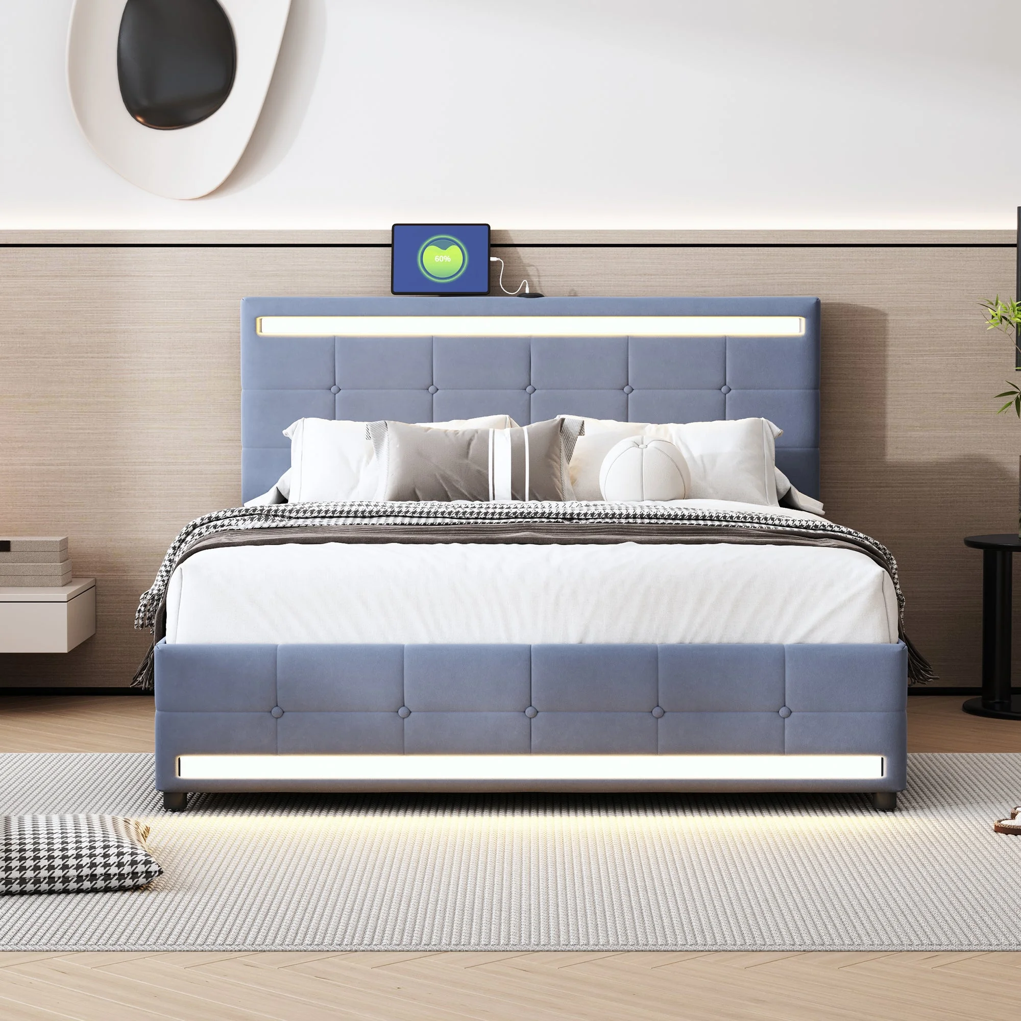 jono Full Size Upholstered Bed with LED Light - Gray