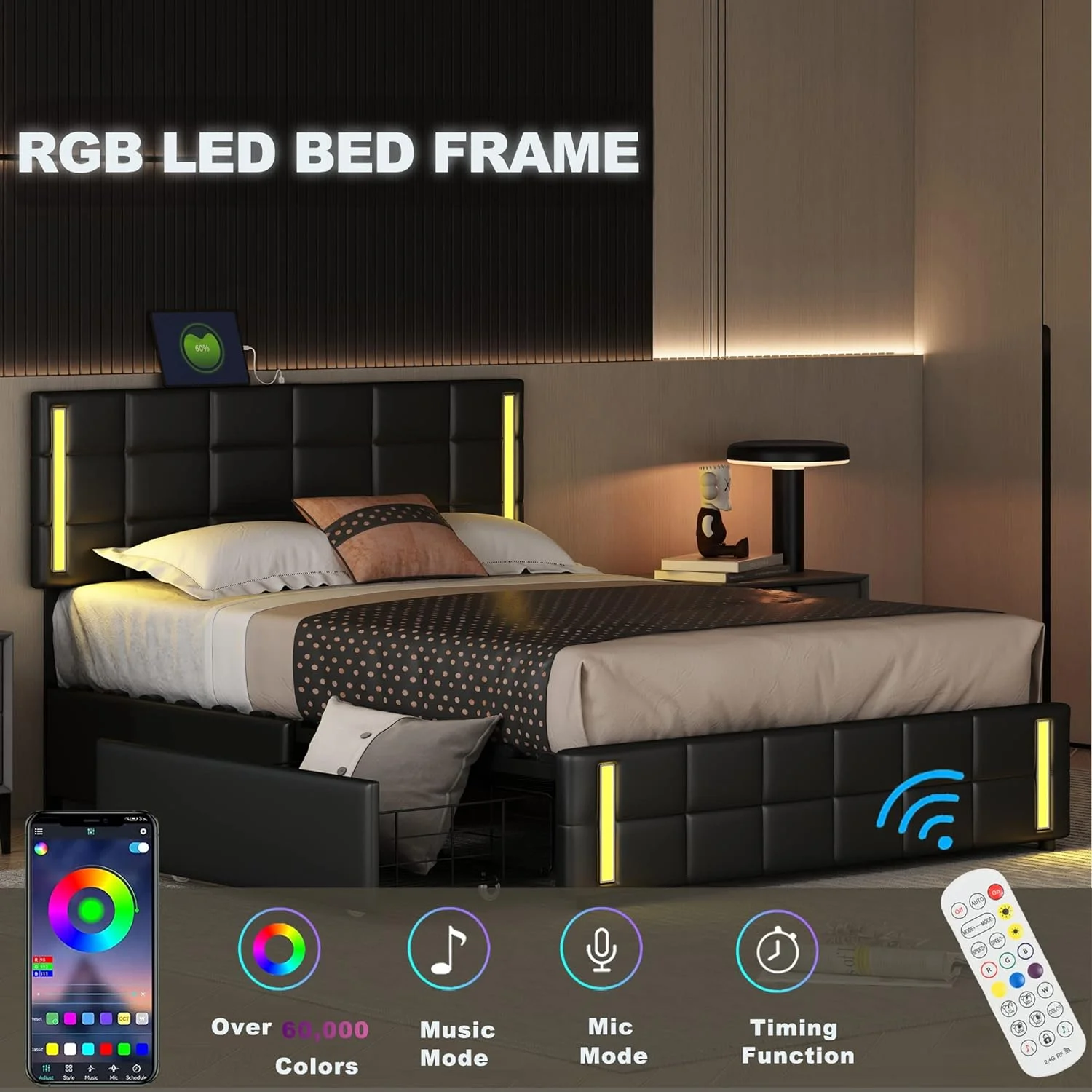 Quee Size Upholstered Platform Bed Frame For Boys Girls Kids Adults Toddler With LED Lights Ad USB Chargig, Storage Bed With 4 Drawers, Black