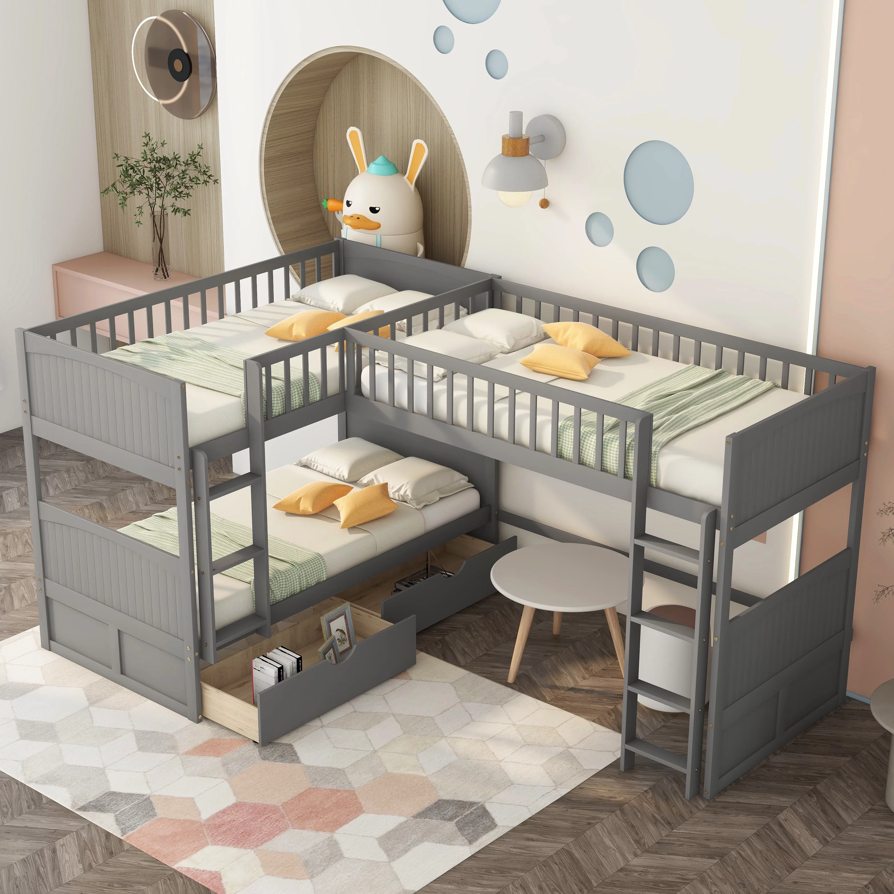 Bellemave Gray L-shaped Triple Twin Kids Bunk Bed with Drawers for Bedroom, Wood Twin Size 3 Kids Bunk Bed Frame with a Loft Bed attached, Two Drawers and Ladders