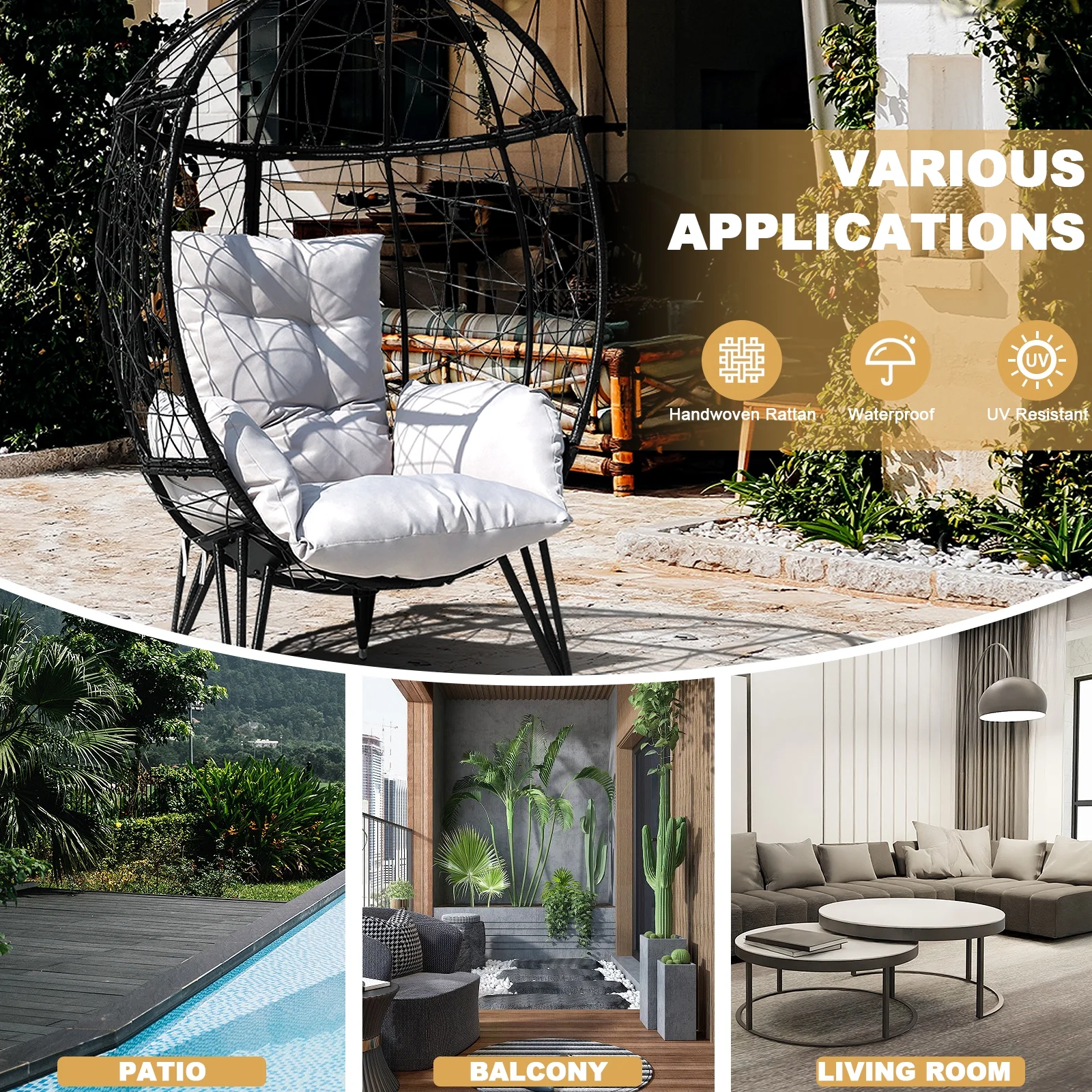 FKSLIFE Wicker Egg Chair Outdoor Indoor Swing Chair with Stand Cushion Pillow for Patio Garden Backyard Black and Gray