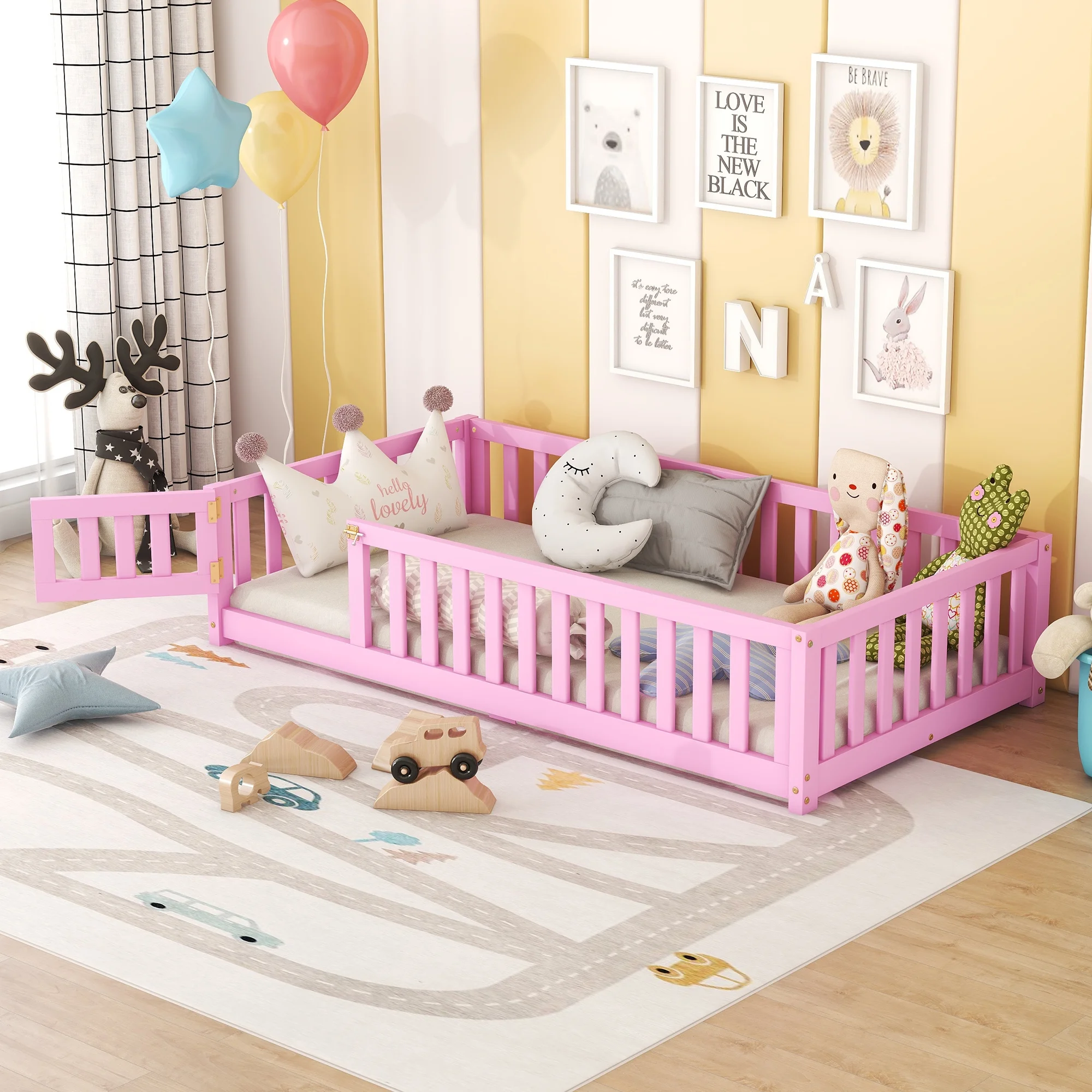 Twin Size Bed Floor Bed with Safety Guardrails and Door for Kids, Pink (Expect Arrival Date Nov.20th)