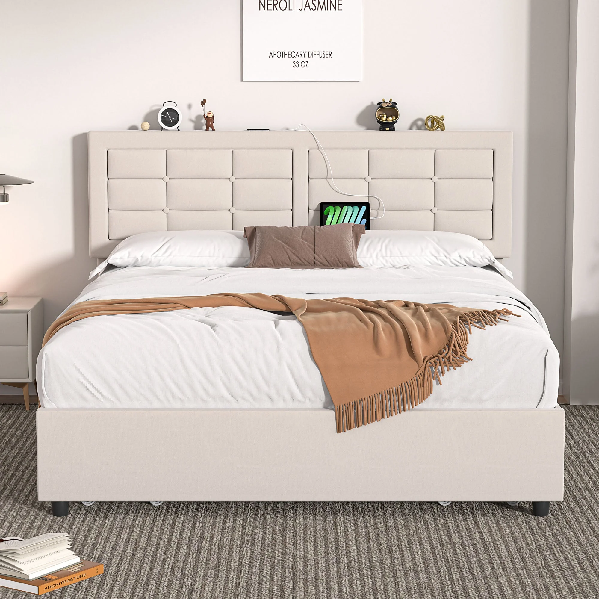 VECELO Queen Bed Frame with Charging Station, Modern Button Tufted Upholstered Platform Bed Frame with Adjustable Headboard for Bedroom, No Box Spring Needed, Sturdy, Noiseless, Easy Assembly, Beige