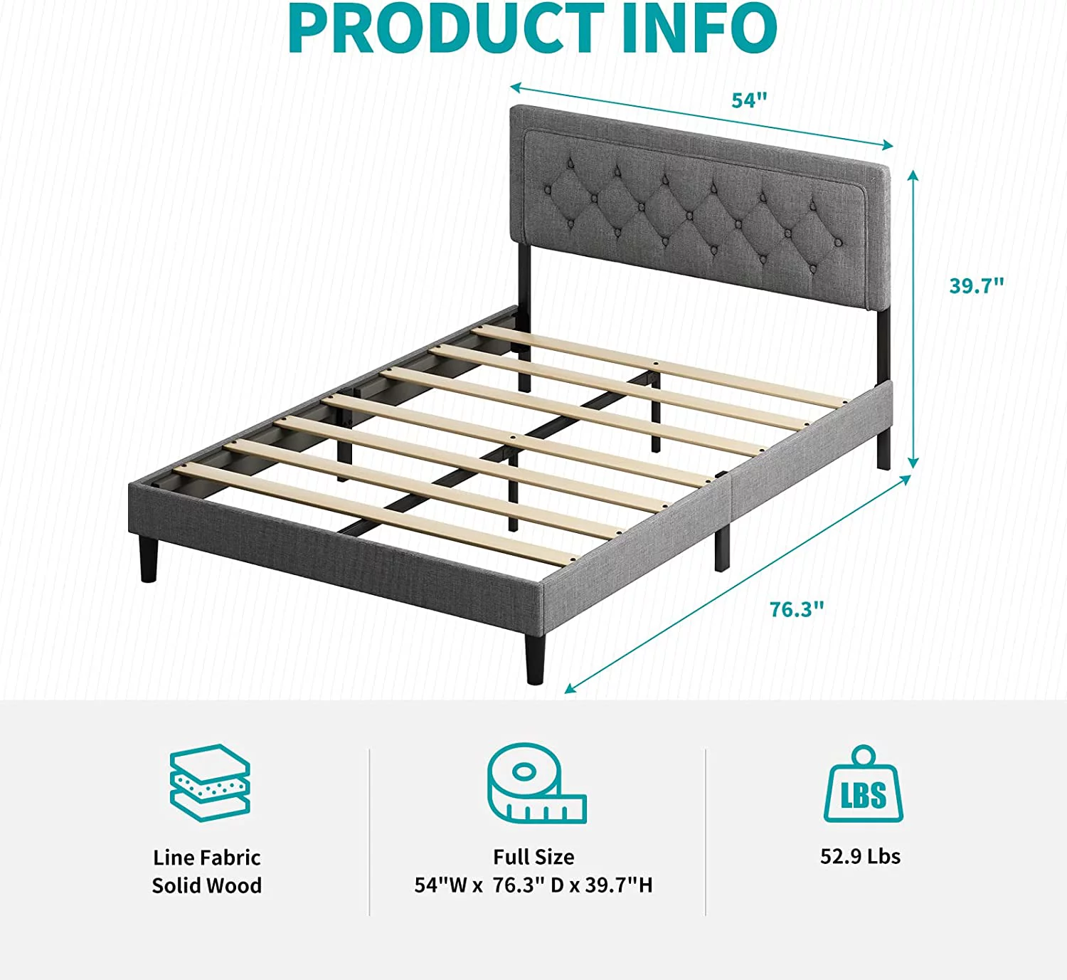 BALUS Bed Frame with Headboard Full Upholstered Platform Metal Bed Frame with Steel Slat Support / No Box Spring Needed / Easy Assembly/No Mattress Dark Grey