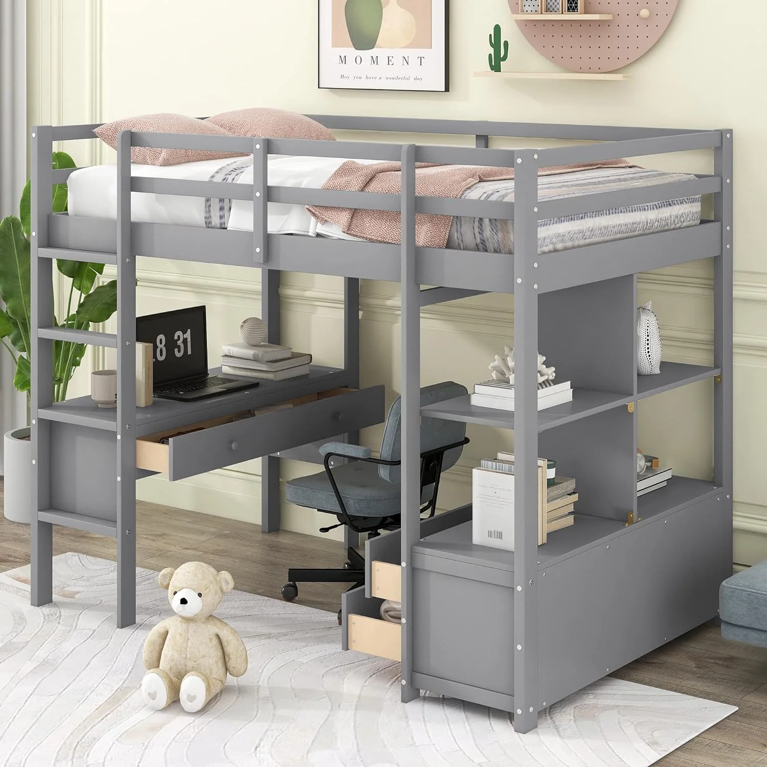 Loft Bed With Desk Ad Storage, Solid Wood Loft Bed Frame With Bookshelf Ad Drawers ( Size, Gray)