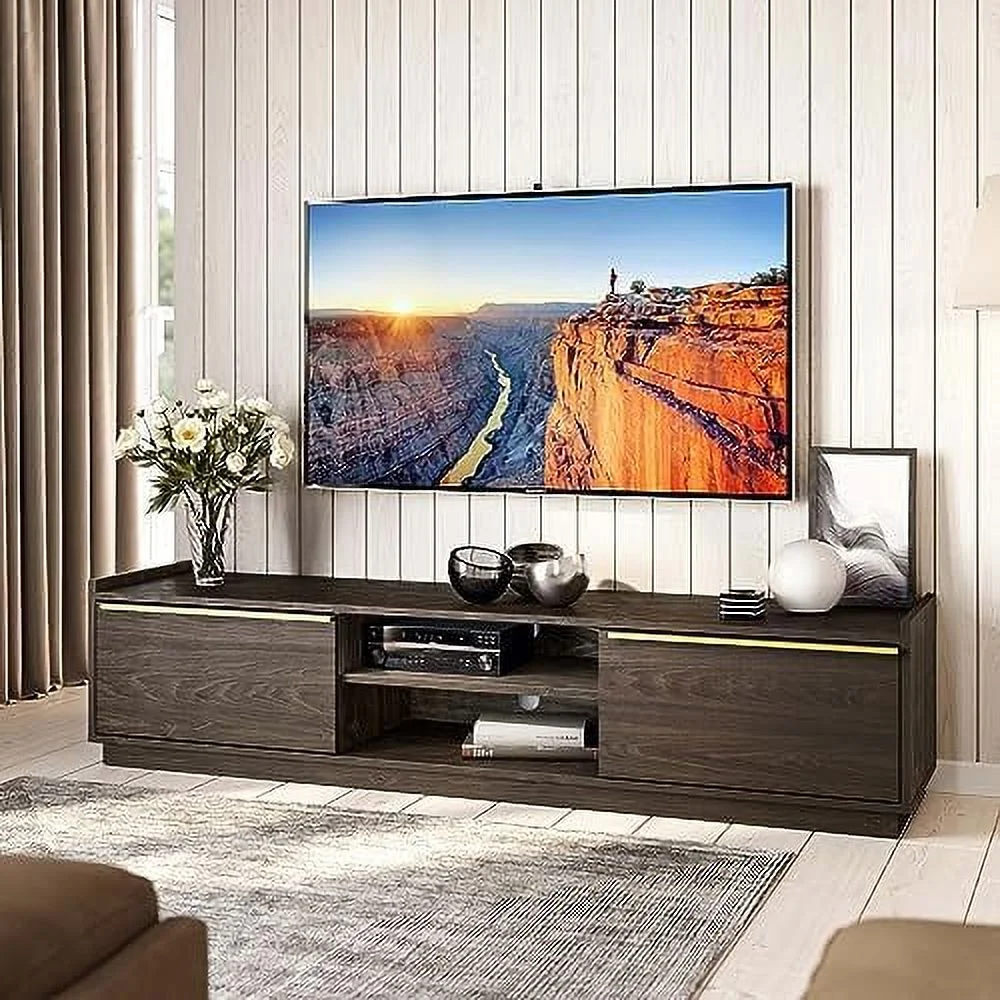 NLIBOOMLife 69" TV Stand for TVs up to 75"  Media Entertainment Center with 2-Tier Open Shelves and 2  Cabinets  Wood Console Table for Living Room  Bed Room - Cayden (Brown)