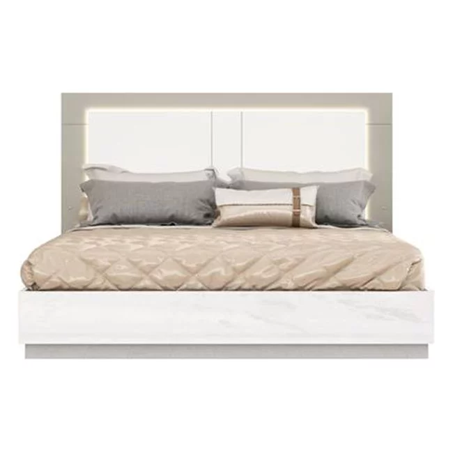 50 x 76 x 80 in. King Size White & Taupe High Gloss Bed Frame with LED Headboard