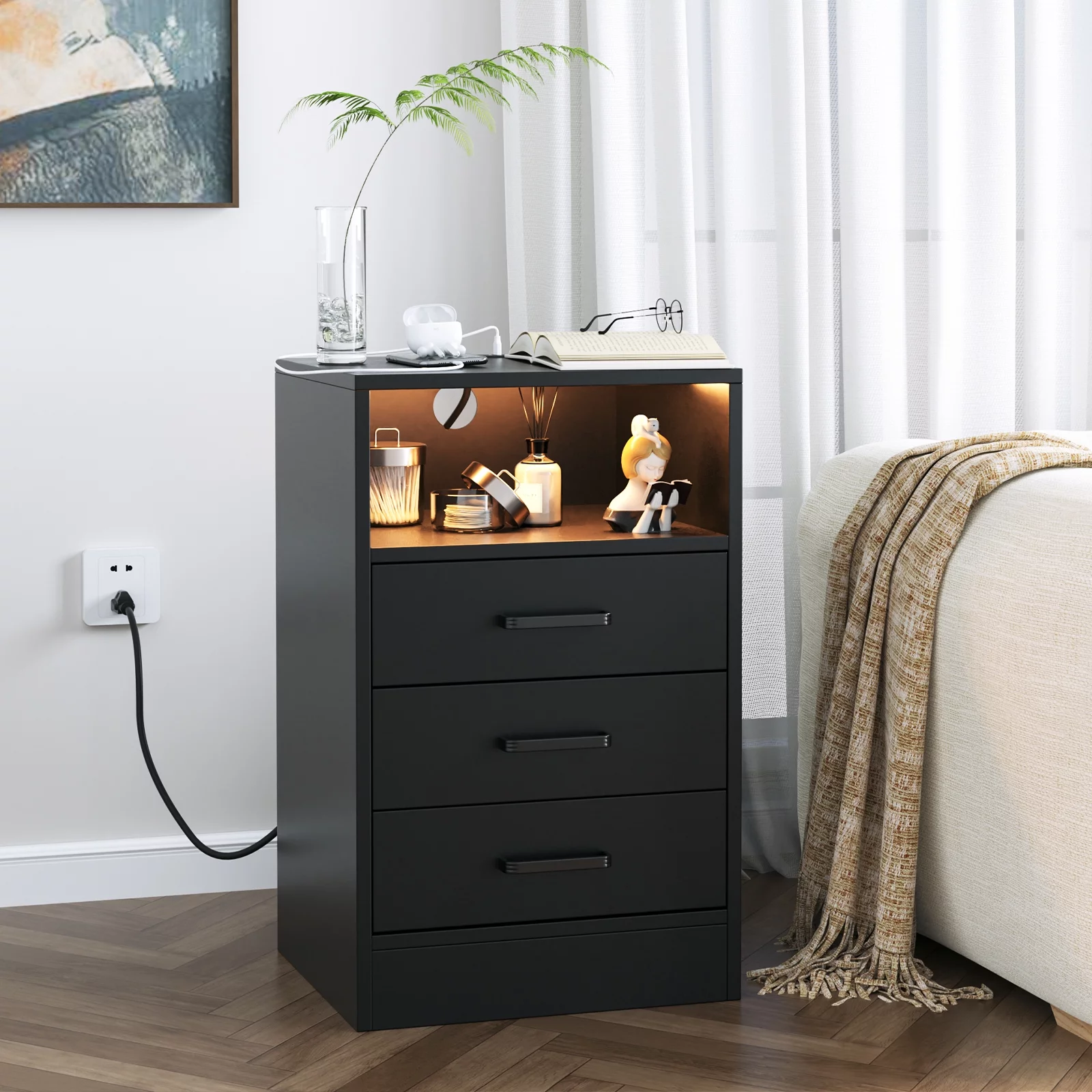 Homfa LED 3 Drawer Black Nightstand with Charging Station, Sofa Side Table with USB Ports & Power Outlets for Bedroom