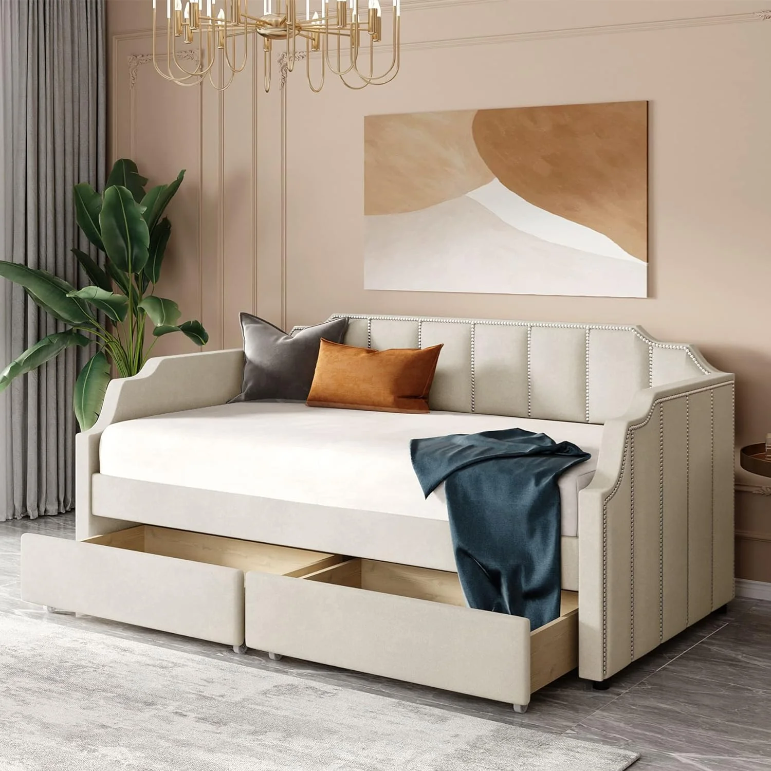 Upholstered Daybed With Storage, Daybed With Two Drawers, Tufted Sofa Bed Daybed With Wood Slat Support For Bedroom,Living Room (,Beige)