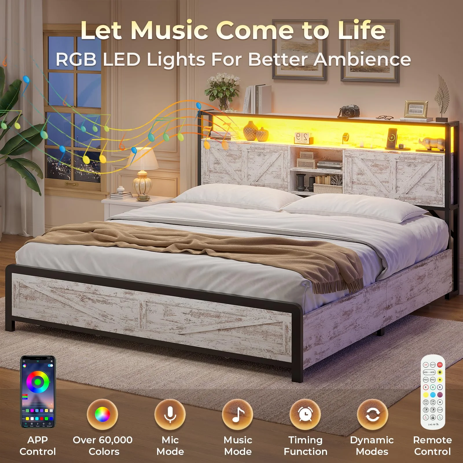 Queen LED Bed Frame with Charging Station and 4 Drawers, Metal Platform Bed Frame with Hidden Storage Headboard, No Box Spring Needed, Old White