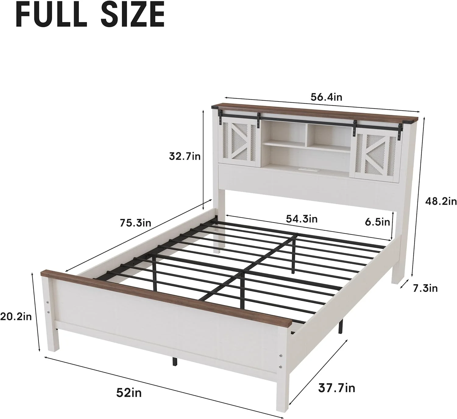 Vabches LED Full Bed Frame,Headboard with Storage Bookcase and Charging Station,with Sliding Barn Door and Adjustable Shelves,No Box Spring Needed,Farmhouse,White