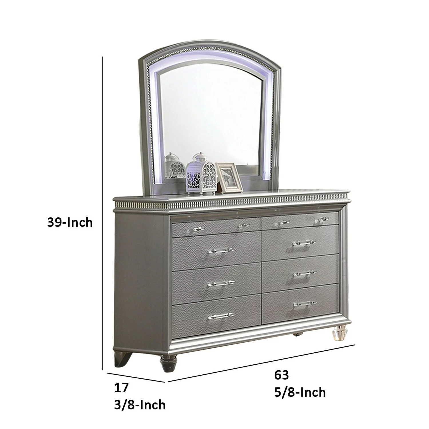 Benjara  64 in. Sam Wide Dresser 6 Drawer Chest with Acrylic Legs, Silver & Clear